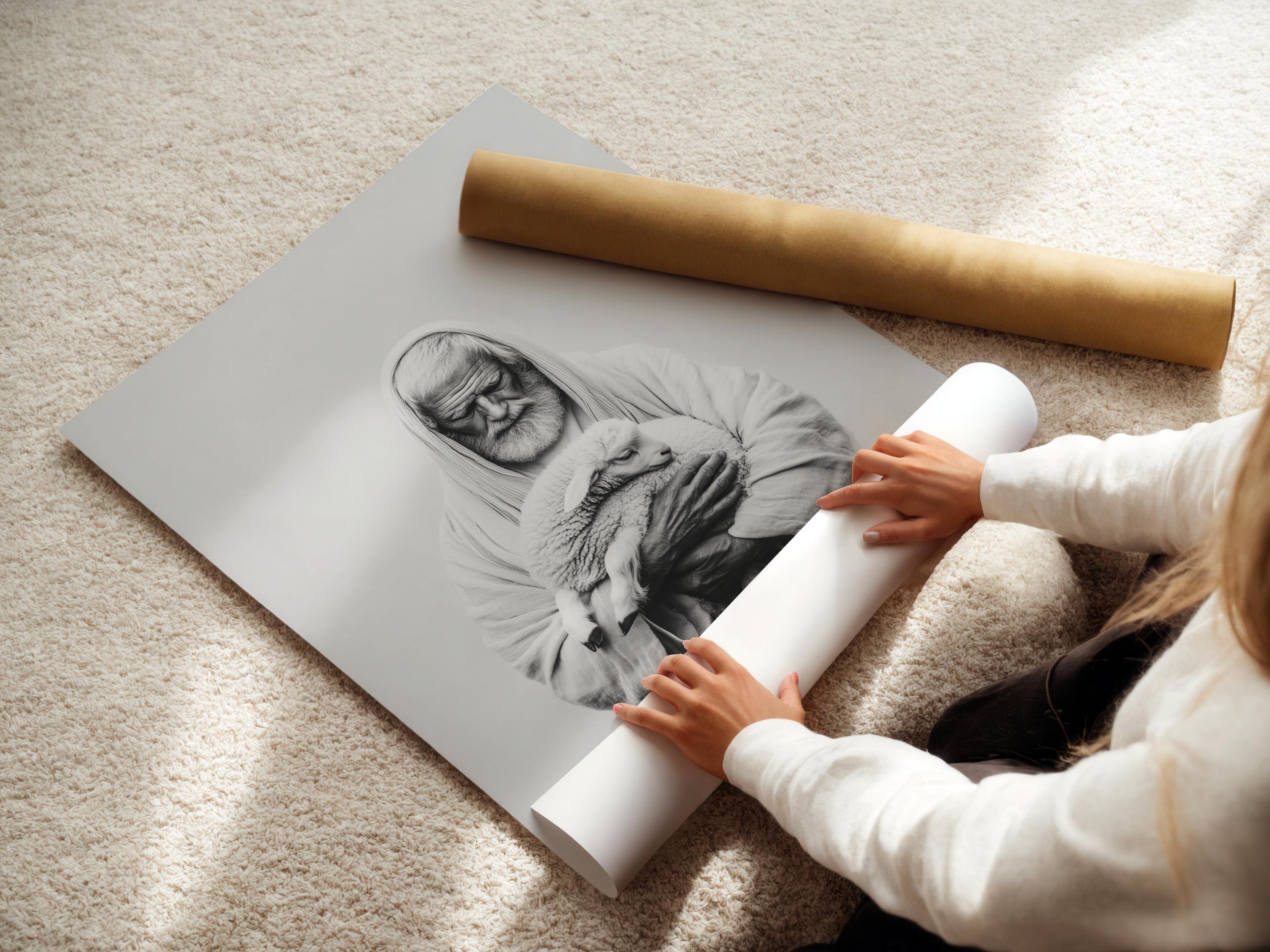 Room mockup showing a framed black-and-white portrait of a hooded shepherd holding a lamb