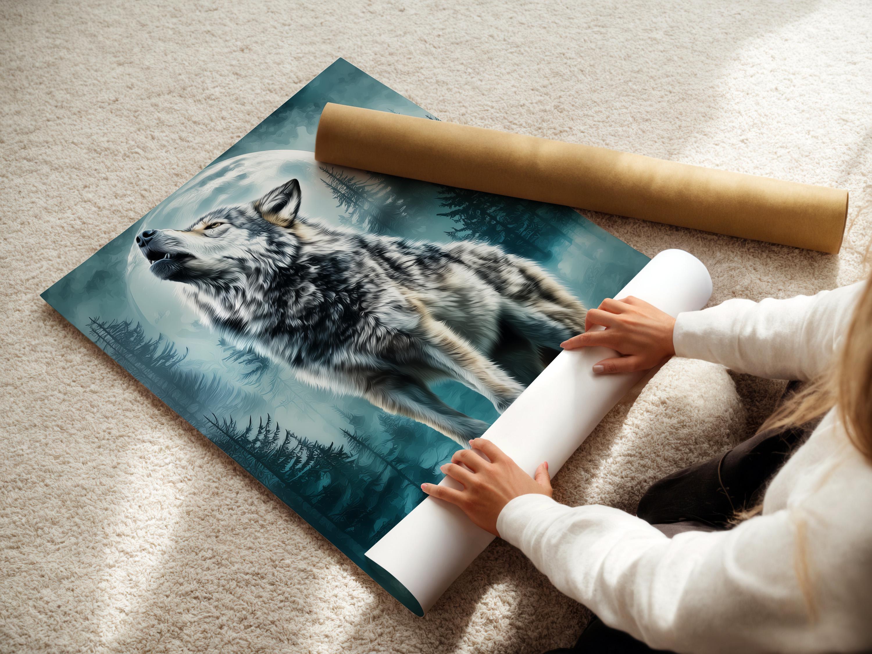 Wolf artwork mockup on a wall with teal forest and moon scene