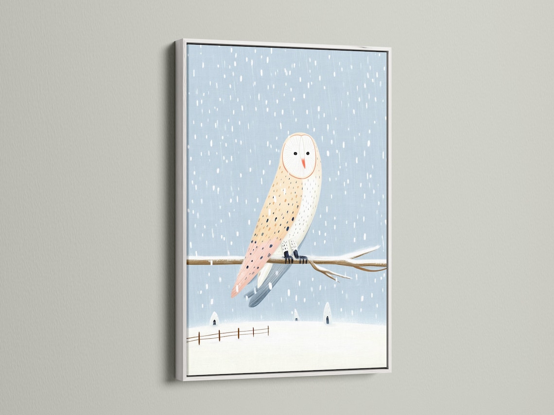 Illustrated owl flying through falling snow in a blue winter scene detail view