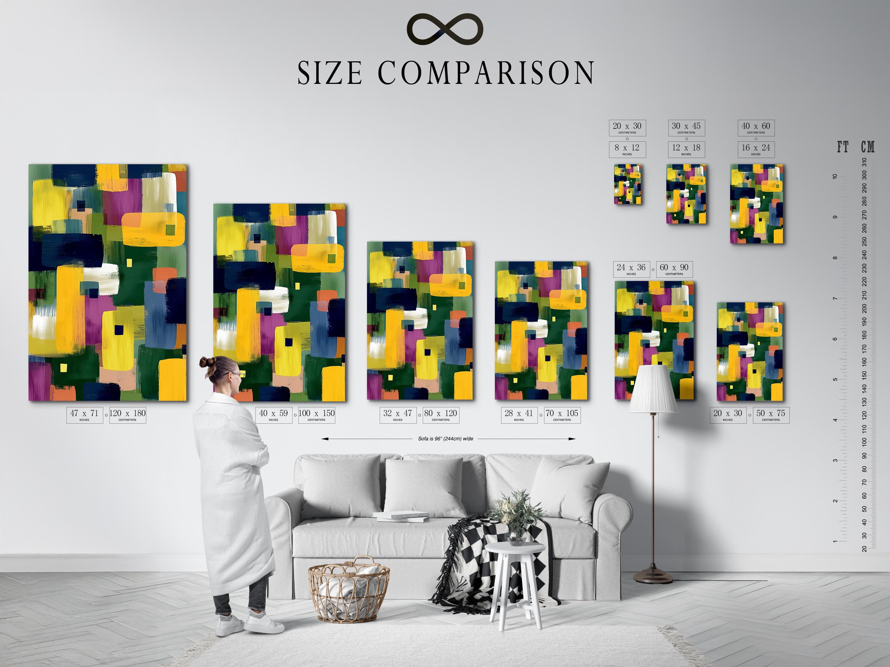 Abstract geometric artwork with overlapping yellow, blue, green and pink blocks detail view
