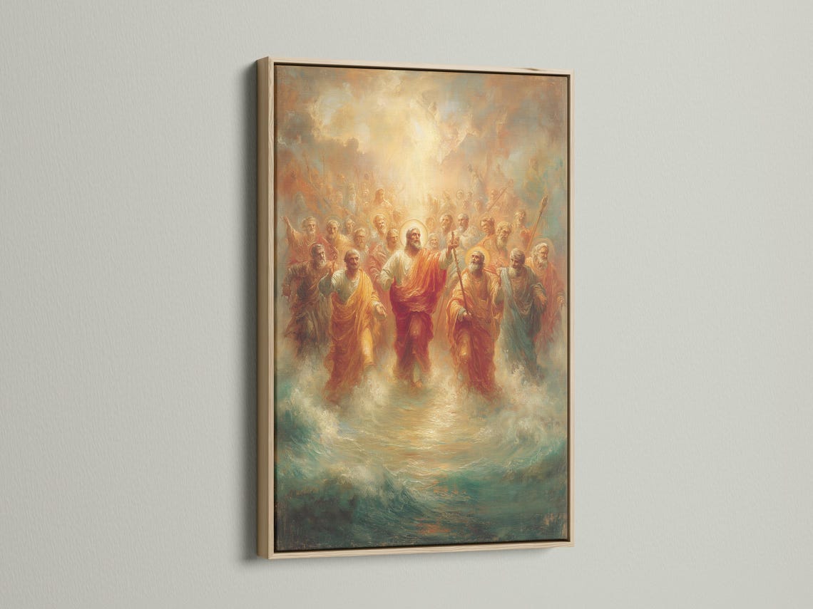 Portrait religious painting showing a radiant golden light above a crowd of robed apostles detail view