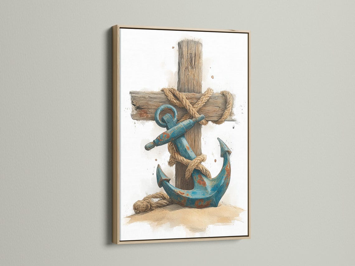 A distressed nautical illustration shows a large rope-wrapped wooden cross/anchor shape with a coiled blue rope motif and seabed tones against a pale