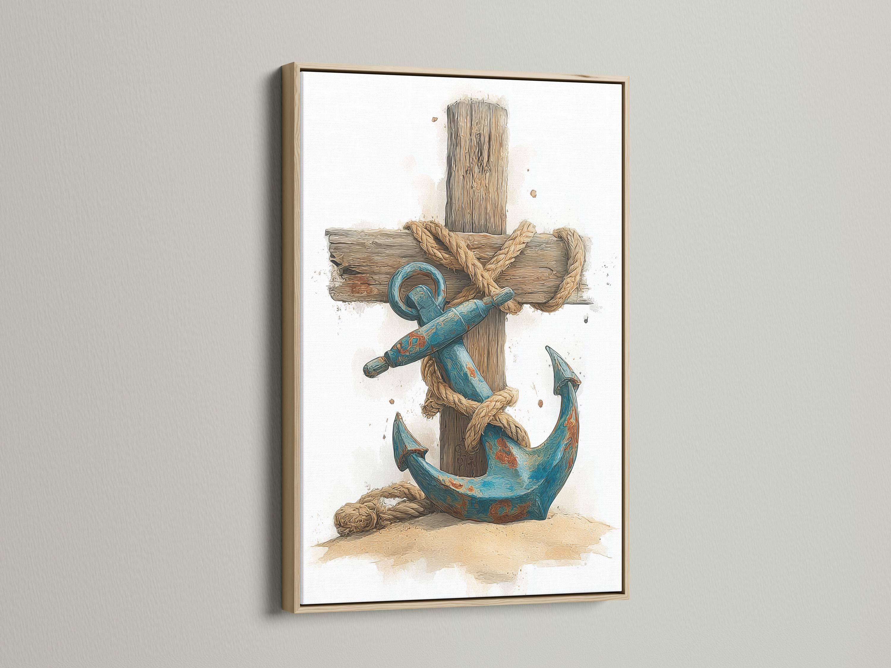A distressed nautical illustration shows a large rope-wrapped wooden cross/anchor shape with a coiled blue rope motif and seabed tones against a pale