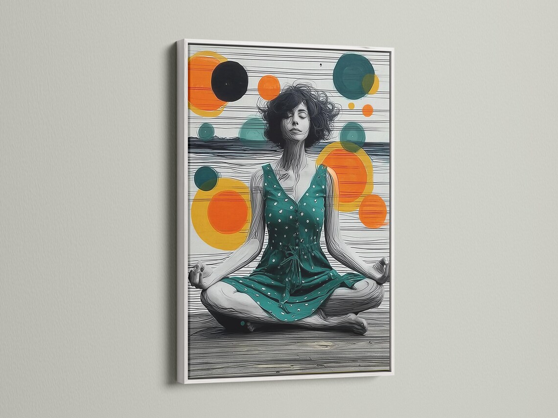Seated meditating woman illustration with teal, orange and yellow circles and horizontal stripes background detail view