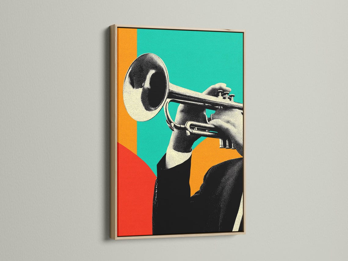 A retro-style illustration of a jazz trumpet player is shown in bold teal, orange and red blocks with strong black-and-white detailing detail view