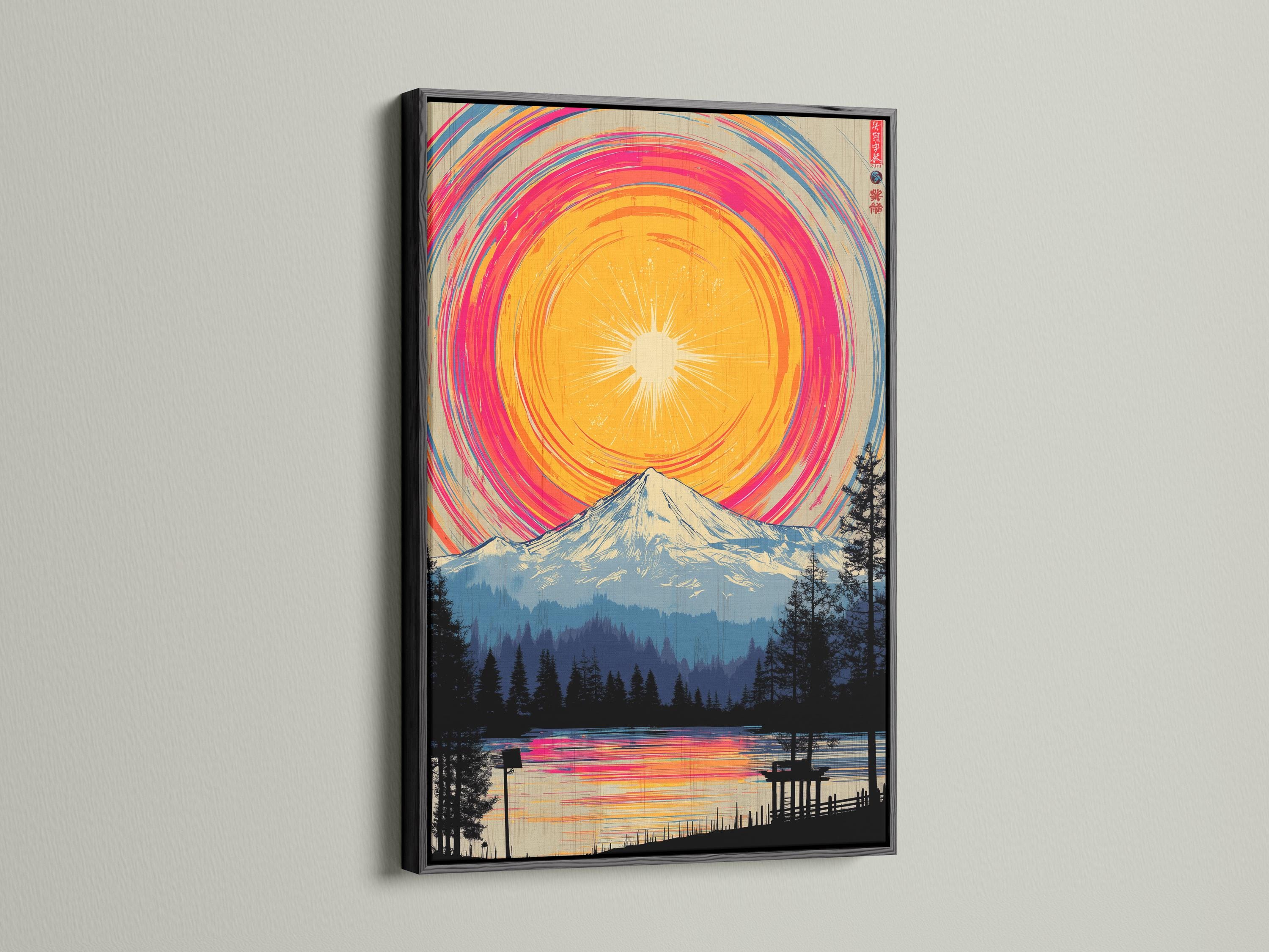 Stylised mountain landscape with a circular pink-orange sunrise and arc bands above forest silhouettes detail view