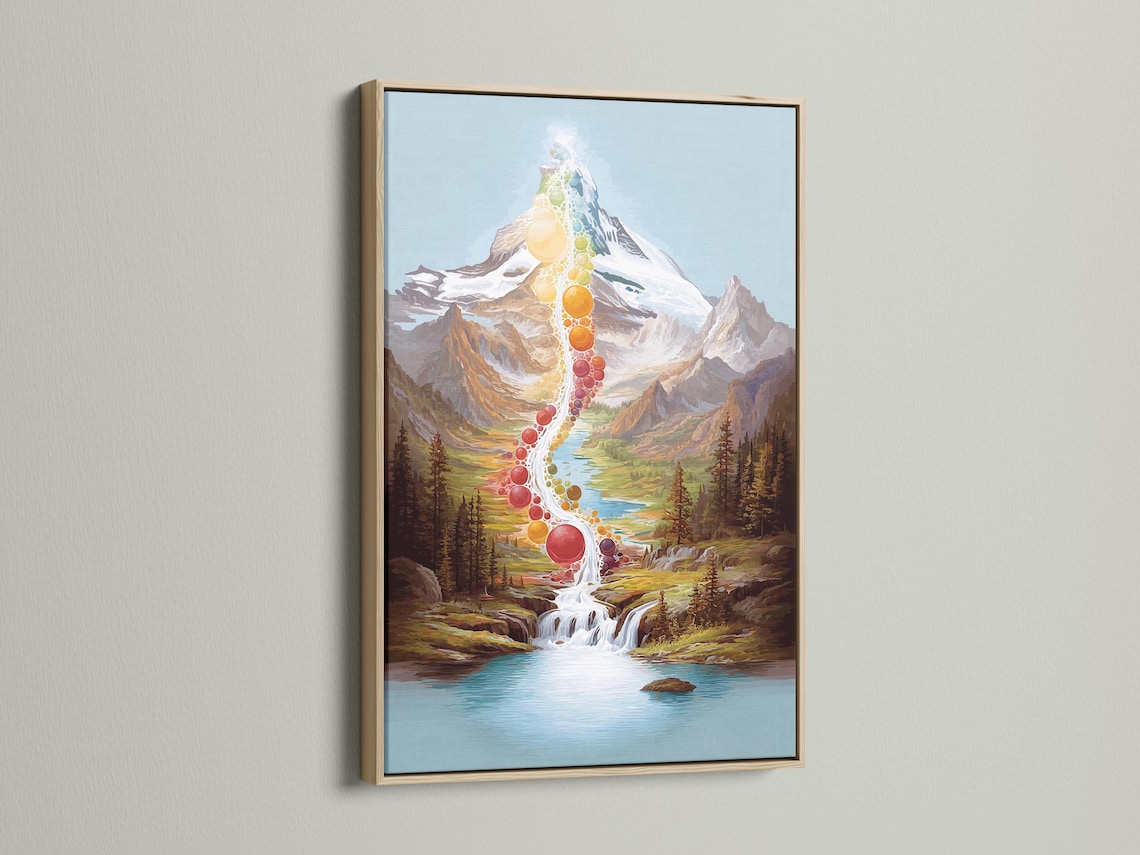 Room mockup showing a framed rainbow mountain waterfall artwork on a wall