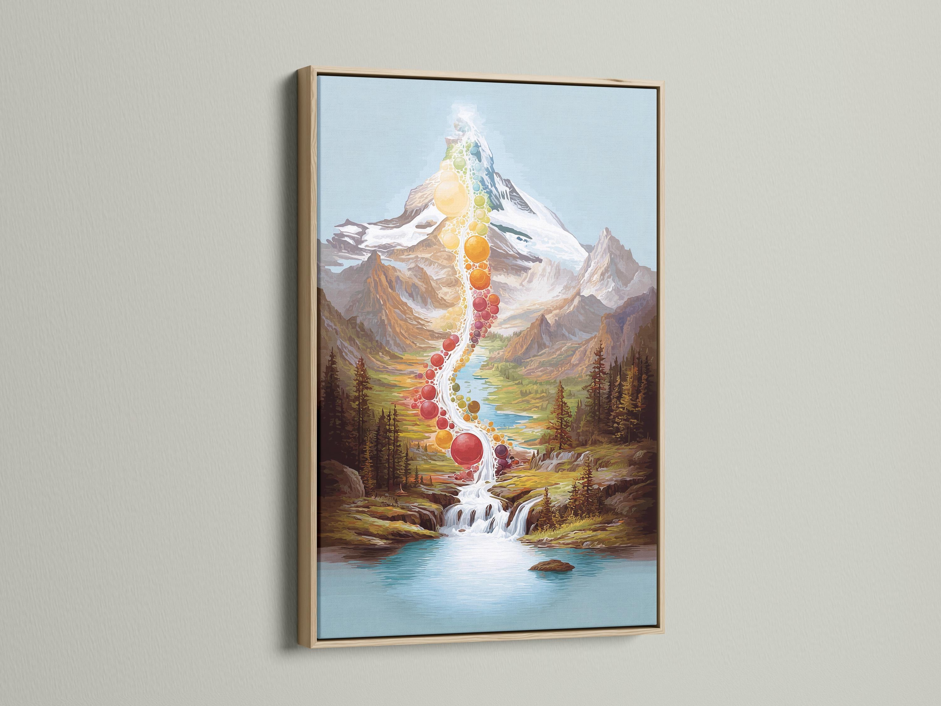 Room mockup showing a framed rainbow mountain waterfall artwork on a wall