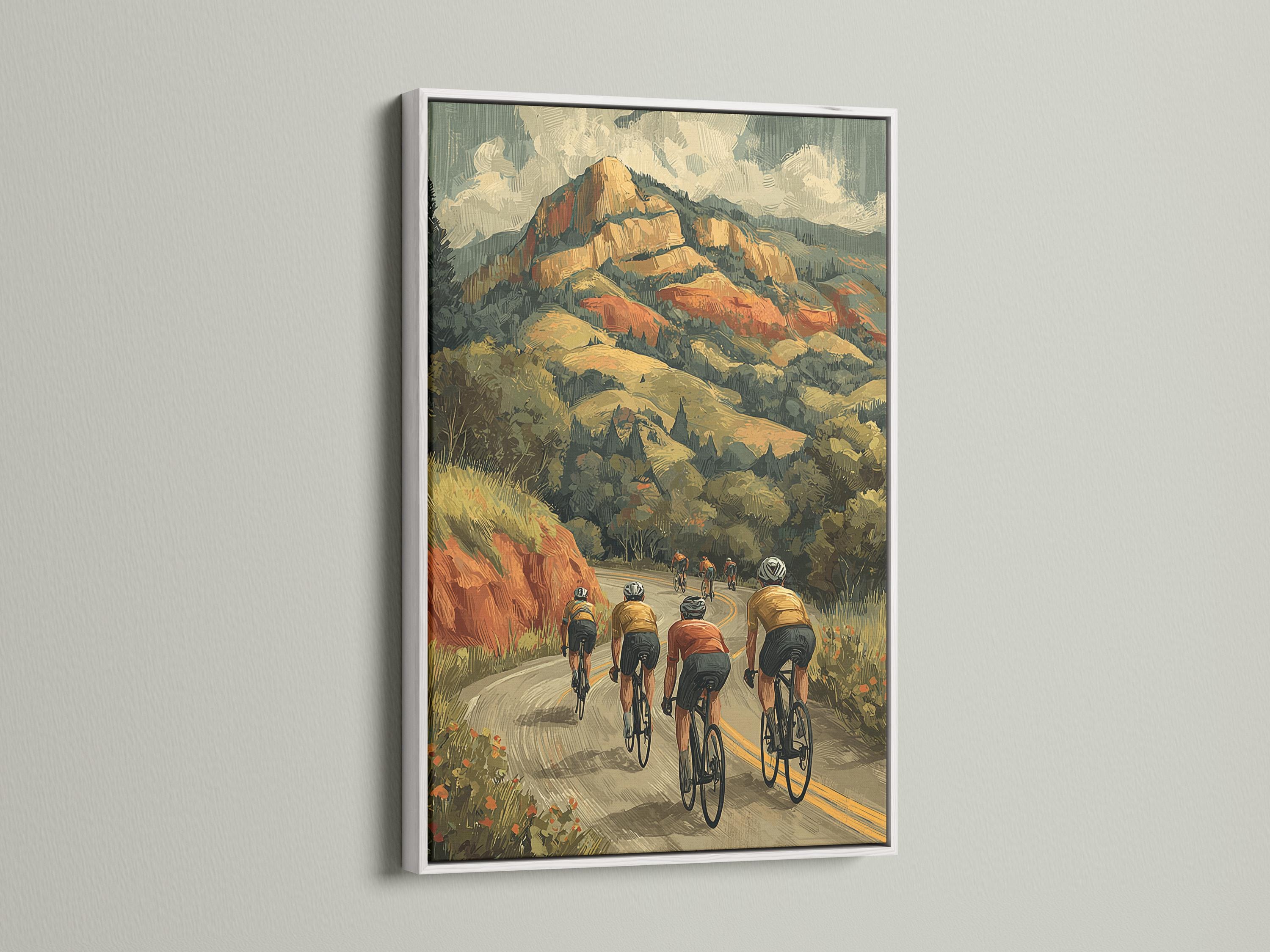 Retro mountain cycling scene with several cyclists riding on a winding road through forested hills detail view