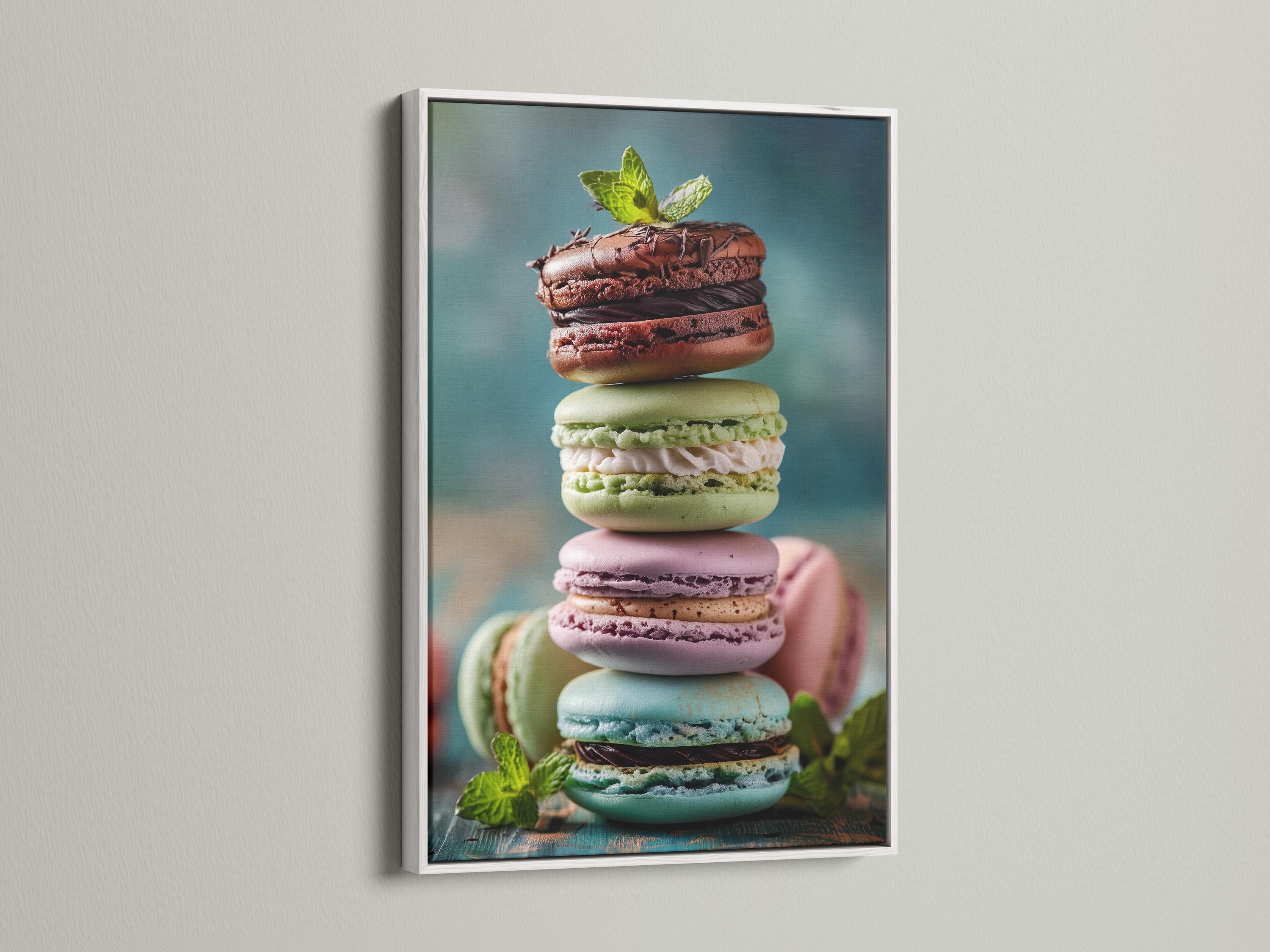 Close-up artwork of pastel macarons with mint leaves on a muted blue background