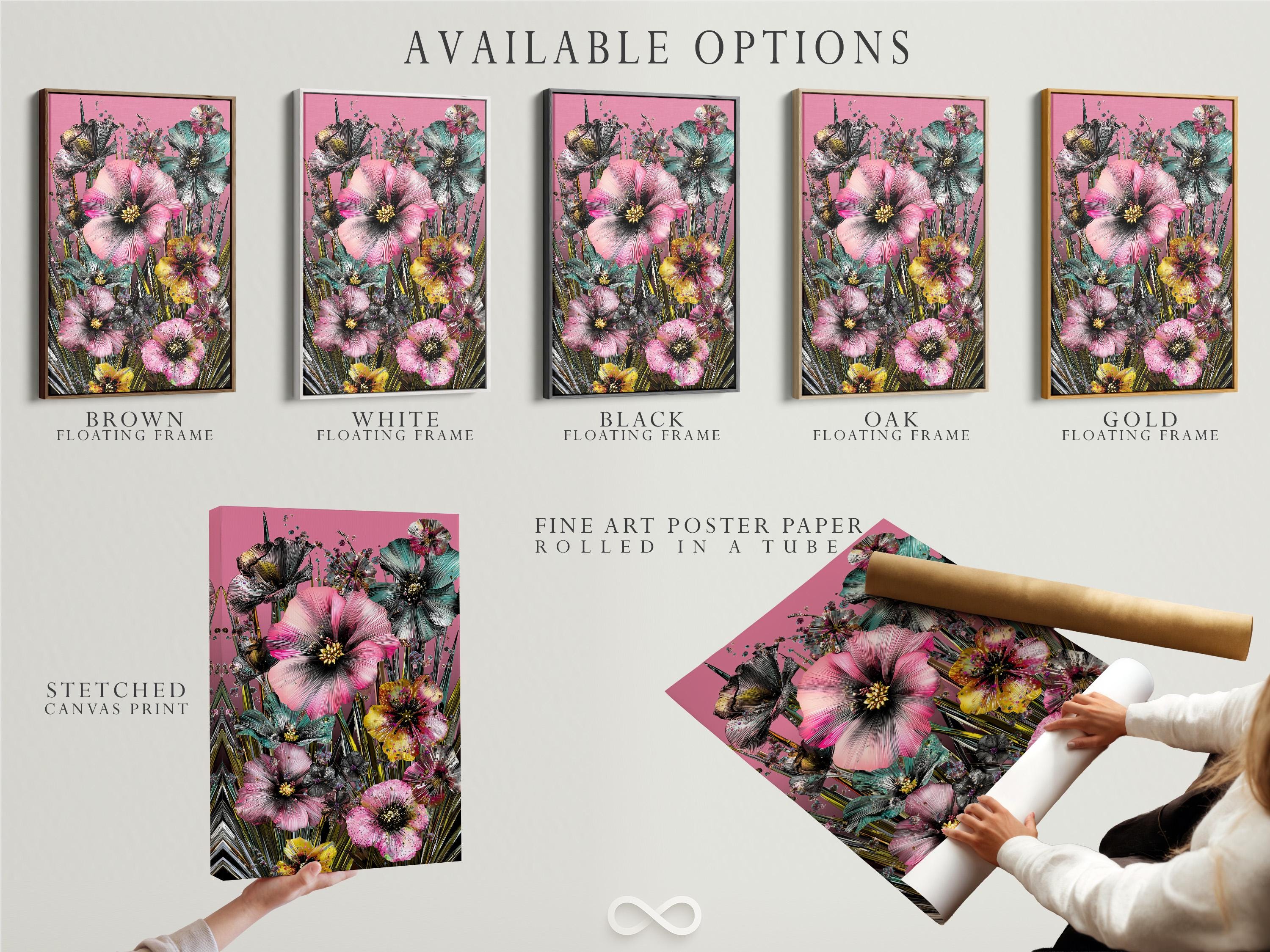 Portrait floral artwork with large pink blossoms, teal accents, dark centres and green stems on a pink background detail view