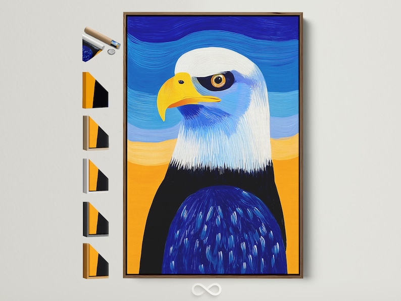 Stylised bald eagle portrait with blue and gold wavy sky background and textured feathers