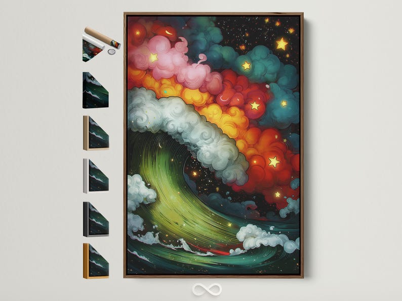 Starry ocean wave artwork with swirling clouds and gold stars in teal, red, and emerald green