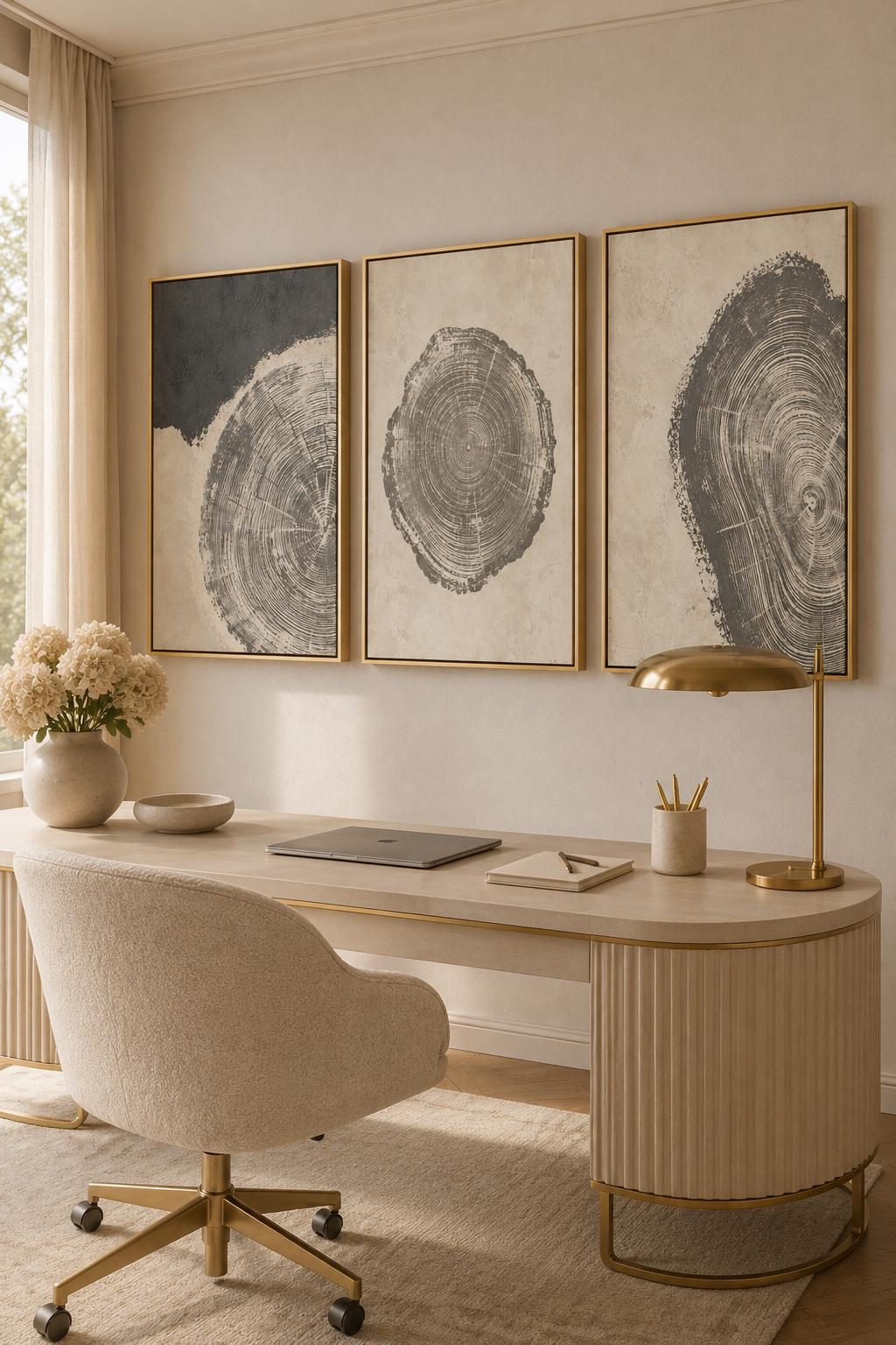 Three-panel abstract tree-ring circles in grey linework on neutral backgrounds detail view