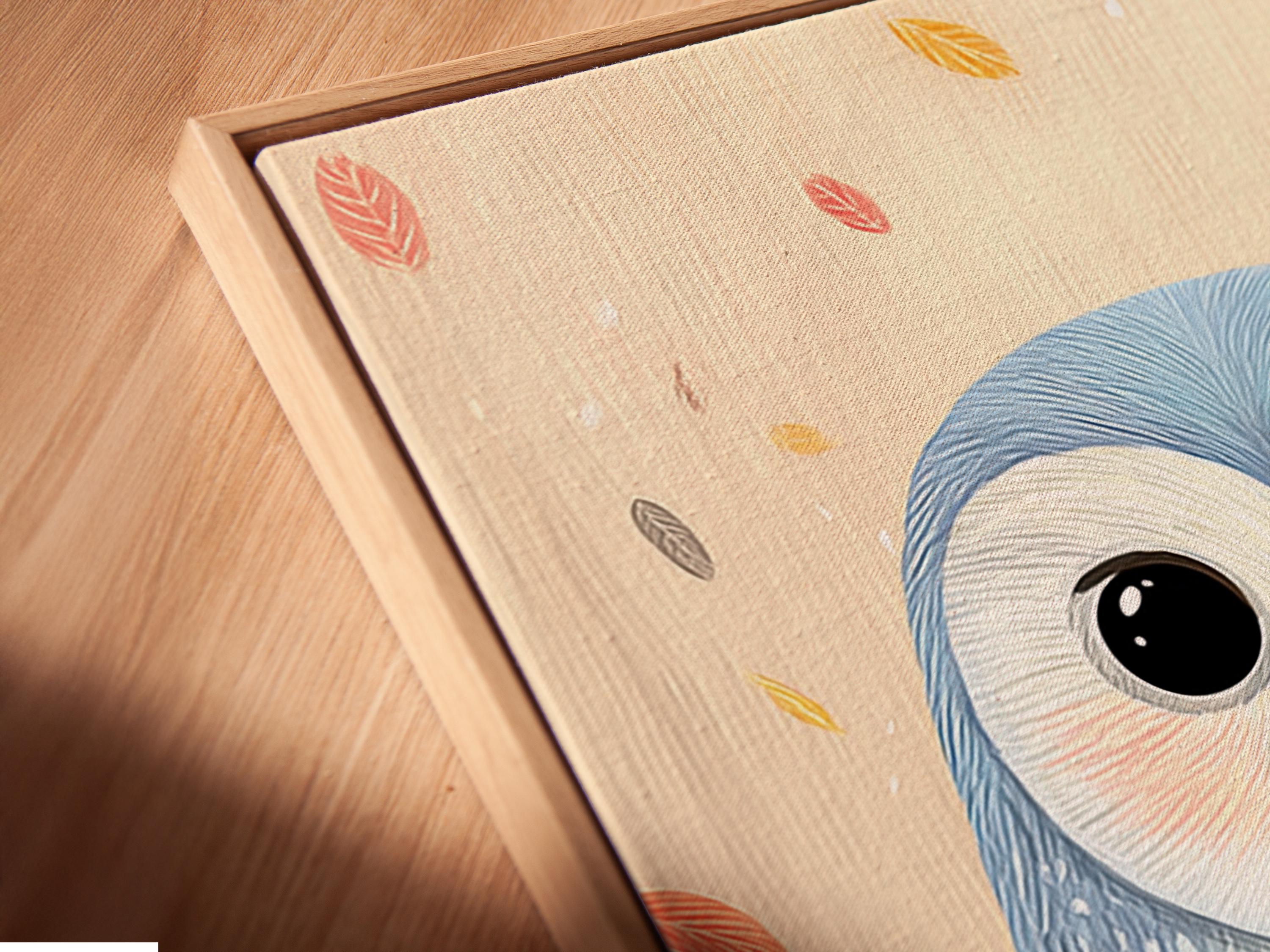 Illustrated owl portrait with big dark eyes, soft blue feathers and scattered pastel leaves on cream background detail view