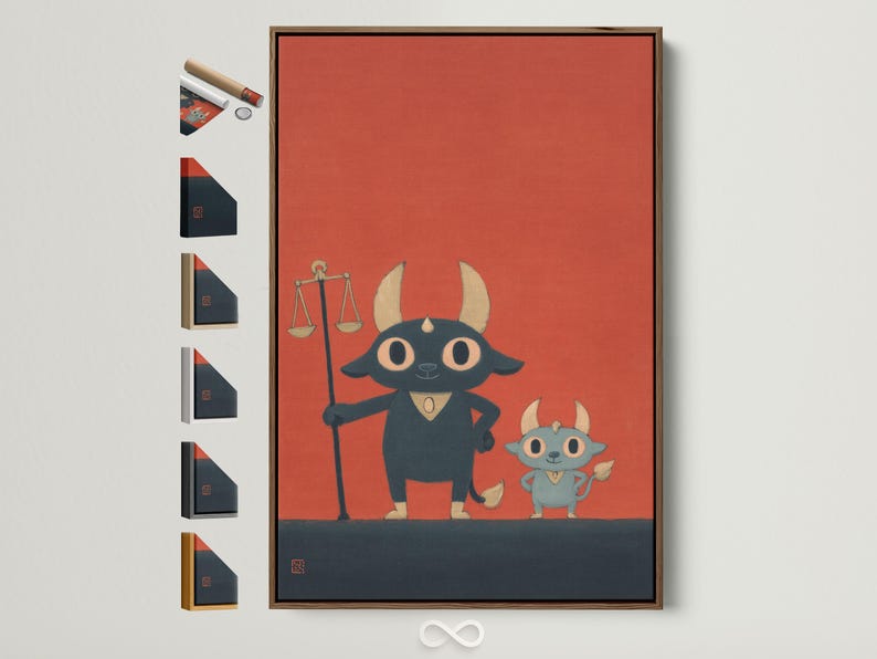 Cartoon bull character holding balancing scales on a coral-red background