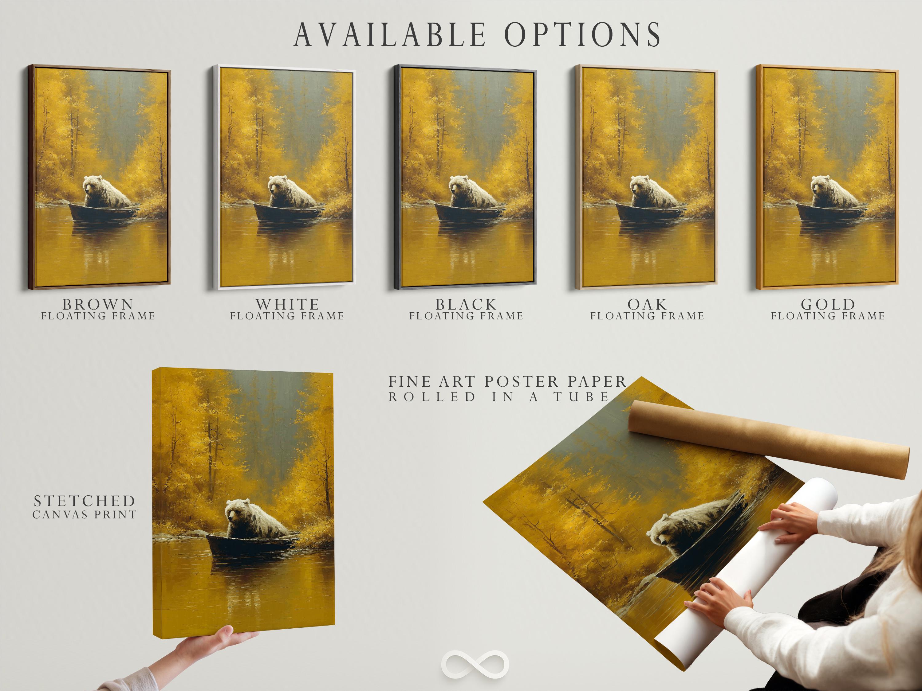 Wall mockup showing a framed bear-in-boat artwork against a light background