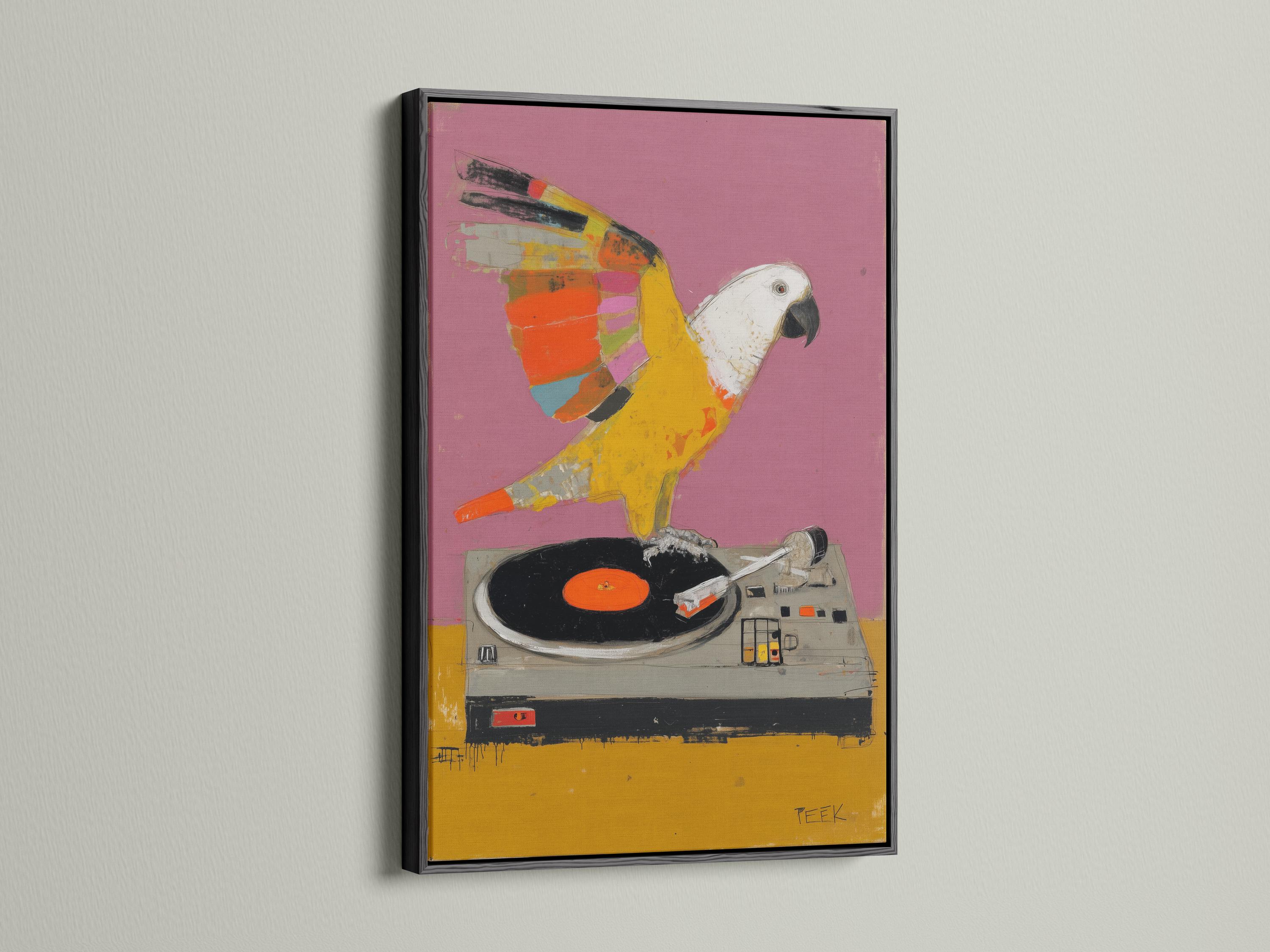 Colourful parrot perched on a turntable above a vinyl record, set against a pink-purple background detail view