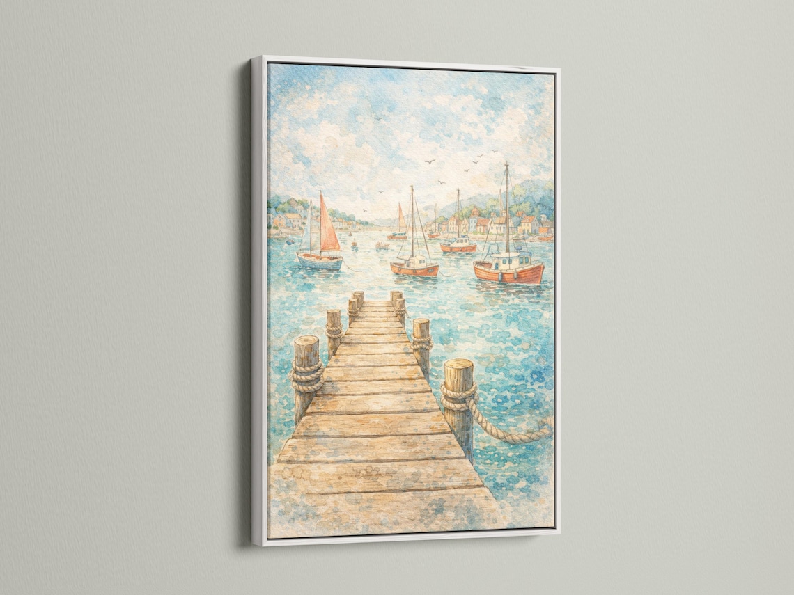 Watercolour-style harbour scene with a pier, sailboats, distant town buildings, and birds in the sky detail view