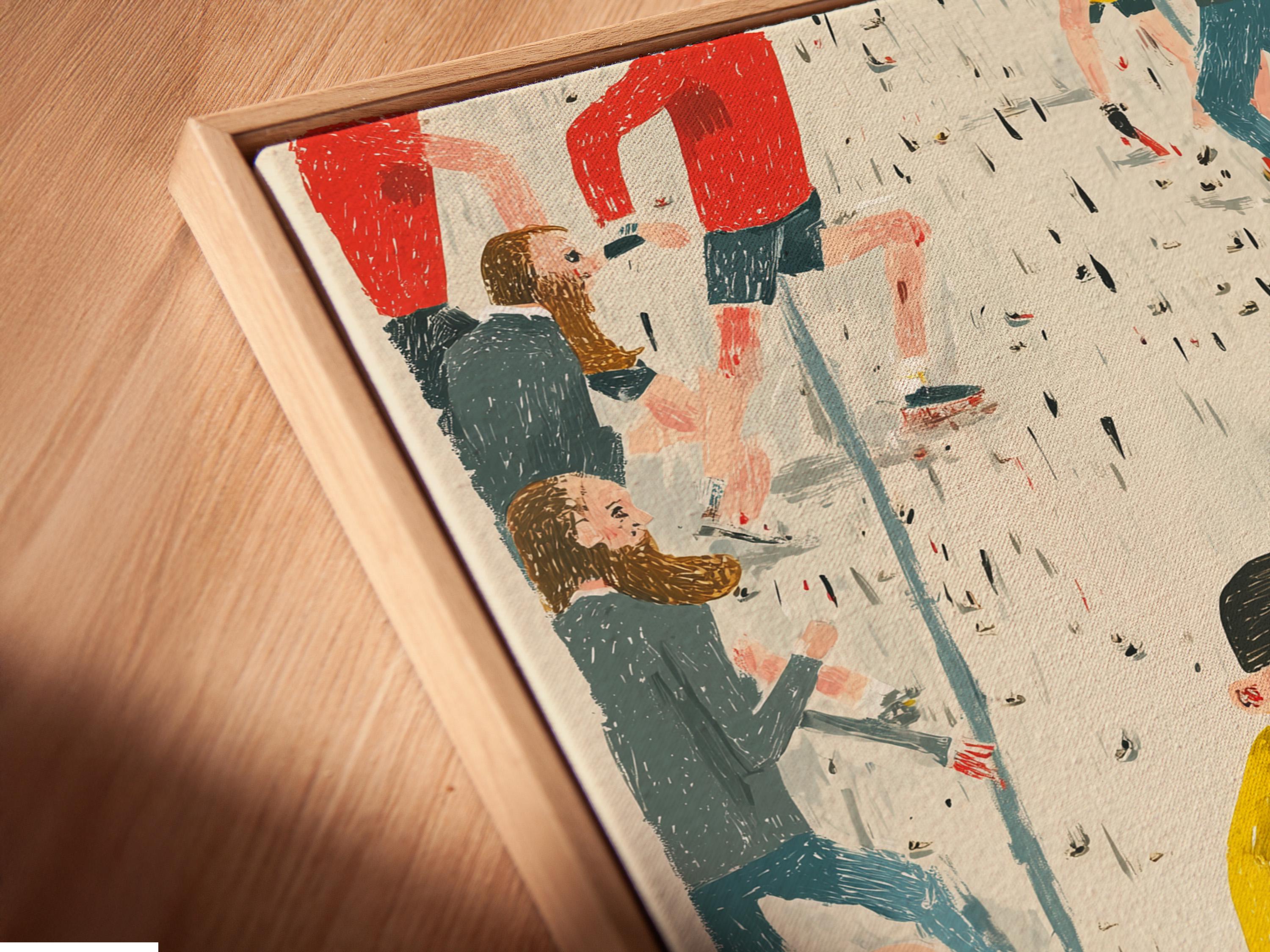 Illustrated community crowd scene with people in red, yellow and blue-green and rain-like speckles detail view
