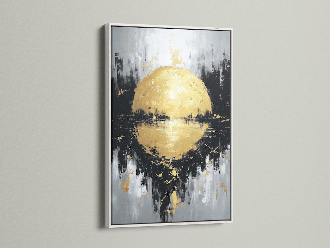 Gold sphere abstract wall art displayed in a framed mockup with surrounding layout options