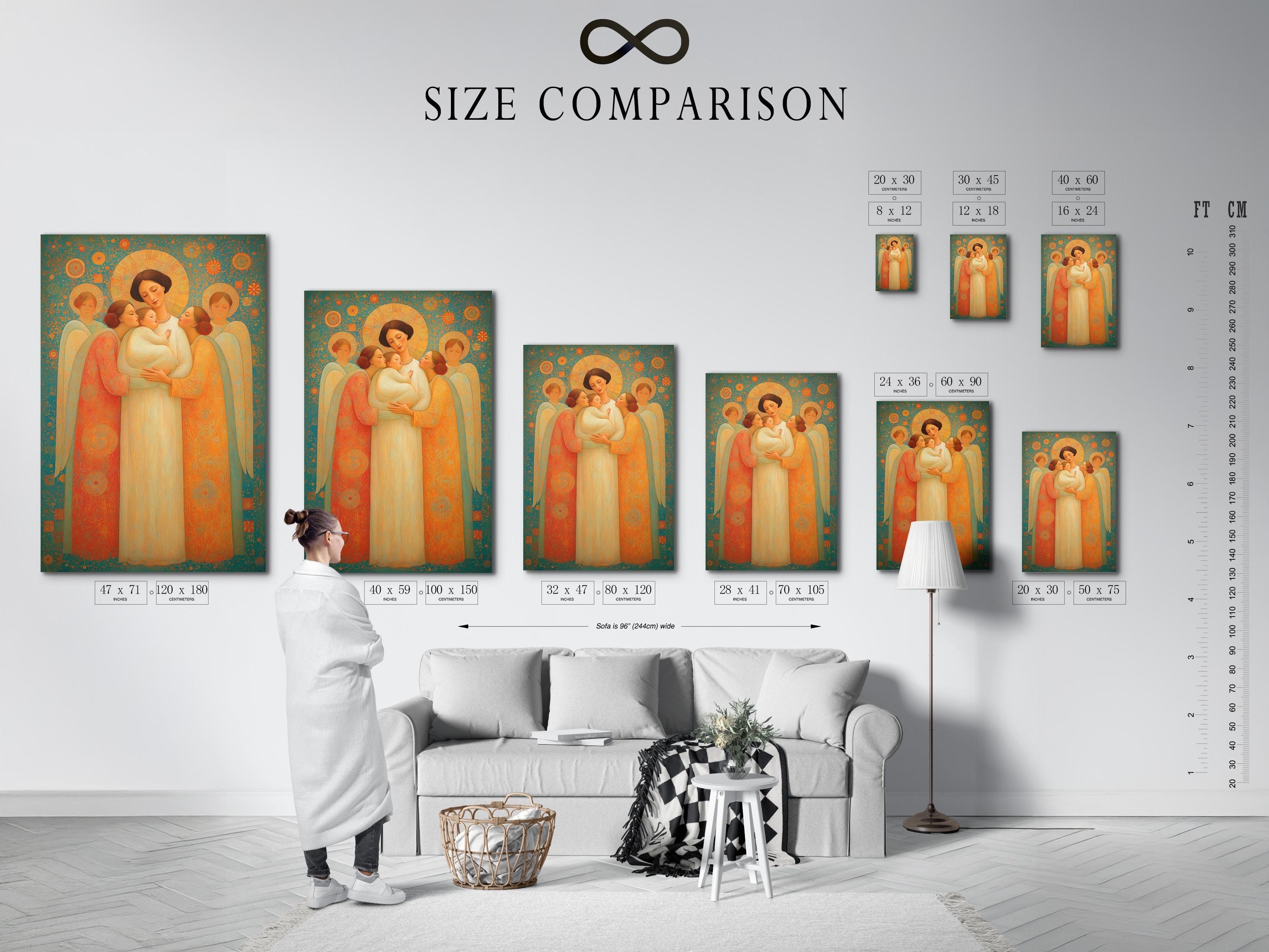 Angel family scene with haloed figures in teal, gold and cream, cradling a baby detail view