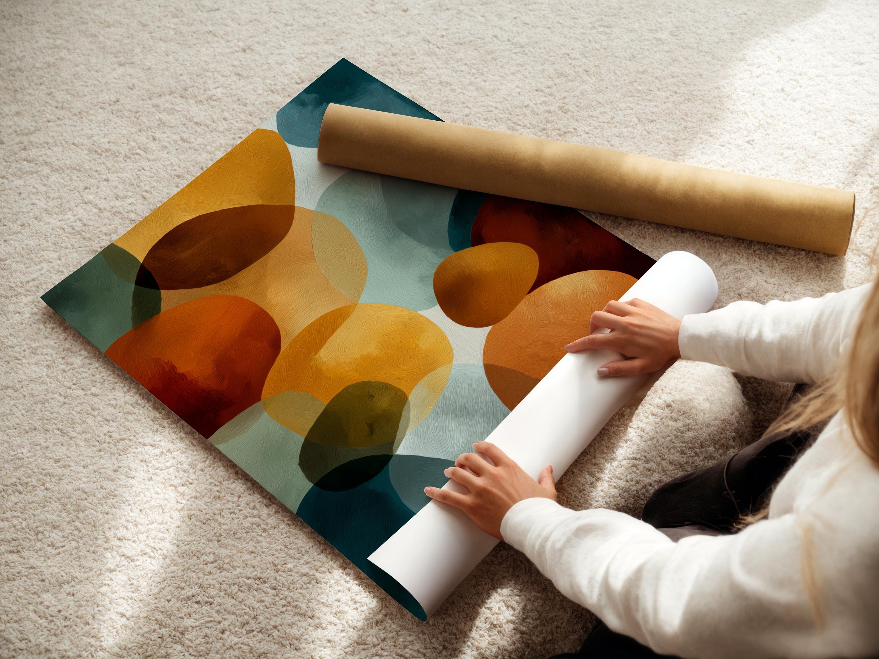 Abstract geometric wall art with overlapping rounded shapes in teal, burnt orange, cream and deep red detail view