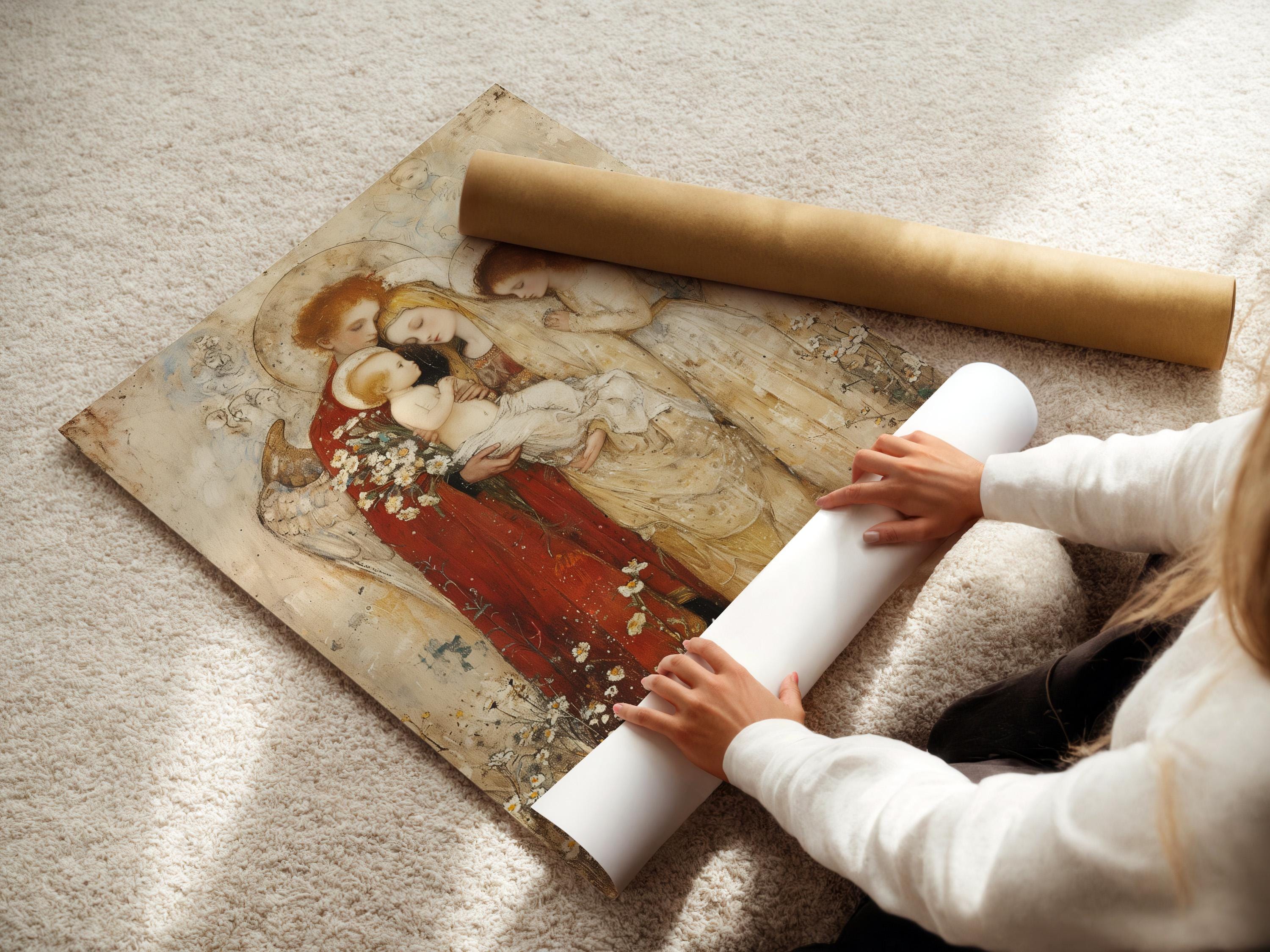 Room mockup featuring a framed religious artwork of Madonna holding a baby with winged angels