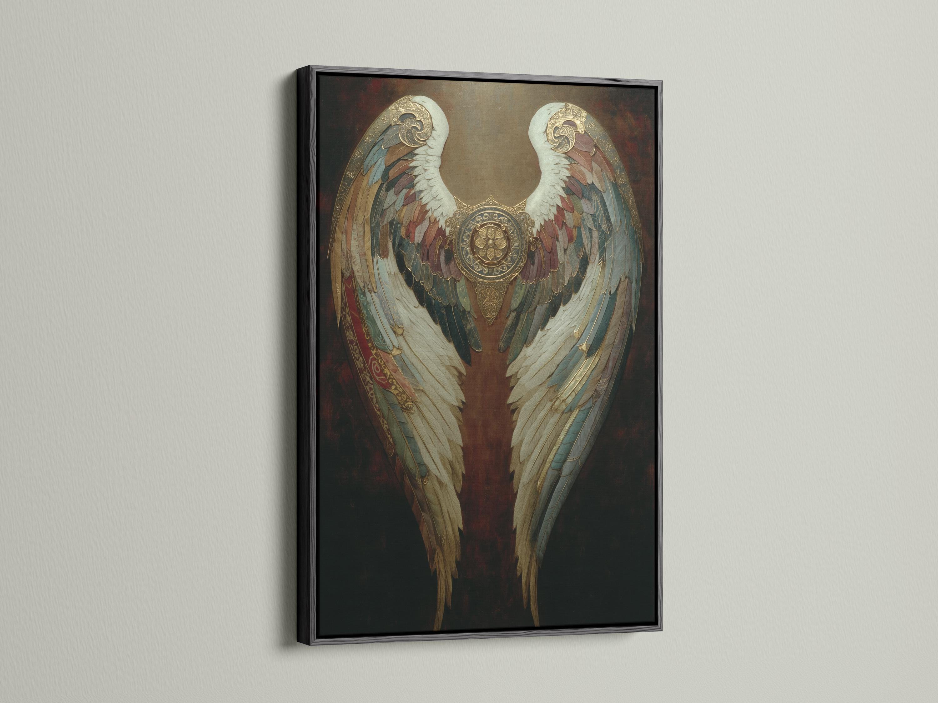 Artwork mockup showing ornate gold angel wings wall art in a dark vintage style