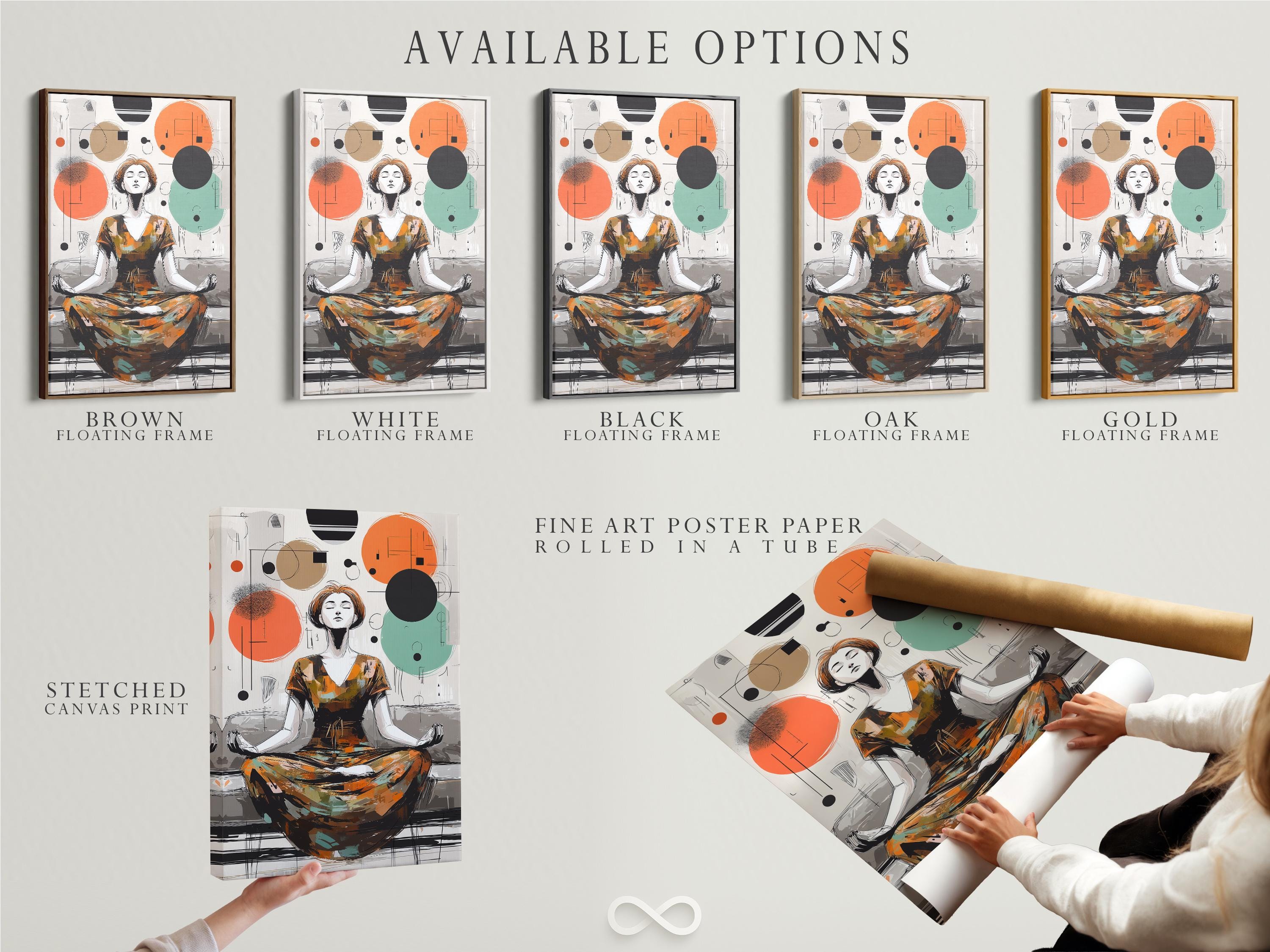 Framed artwork showing a woman meditating with floating geometric circles in orange, teal and charcoal detail view
