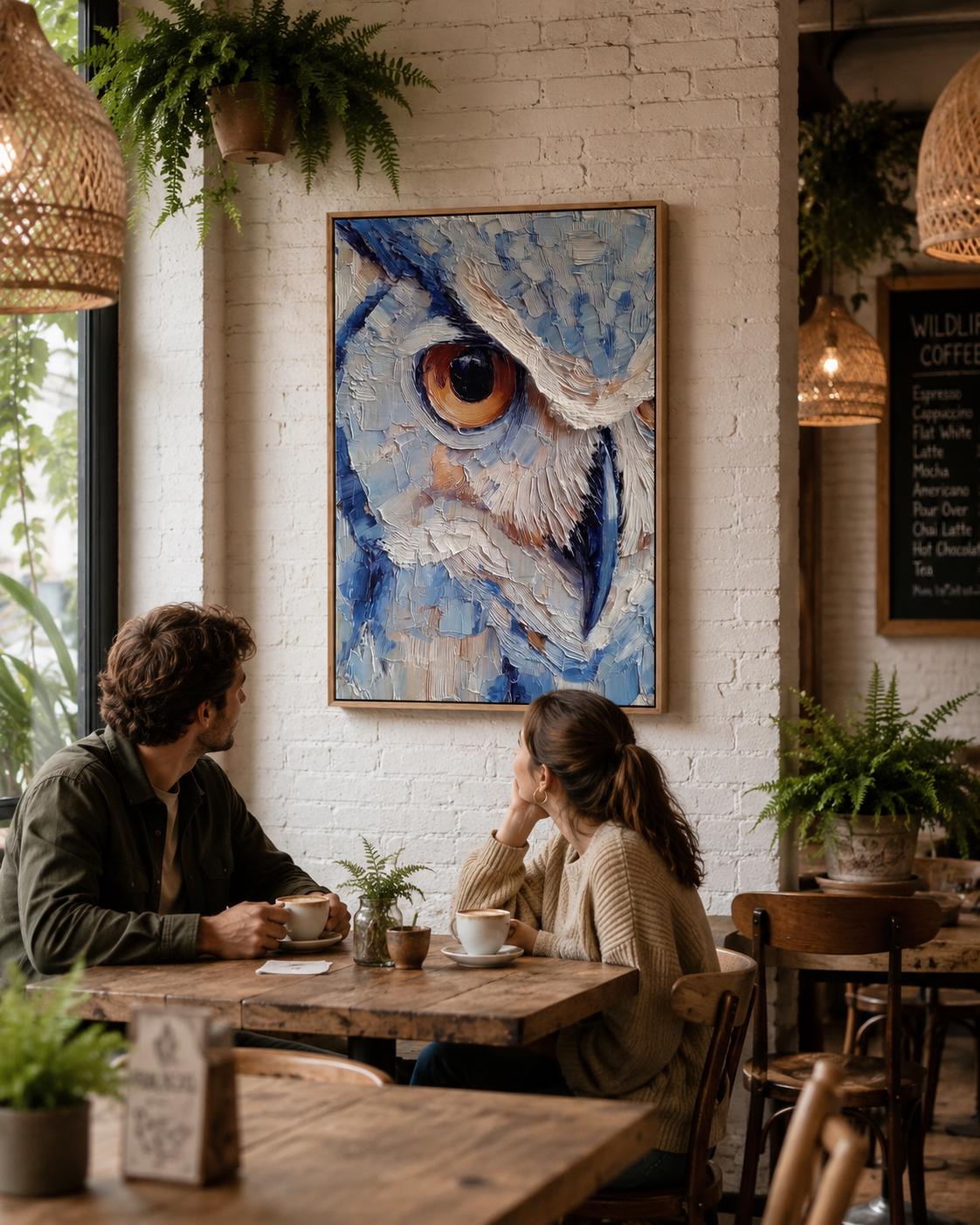 Room scene with a framed blue owl painting above a desk where a person writes in a book
