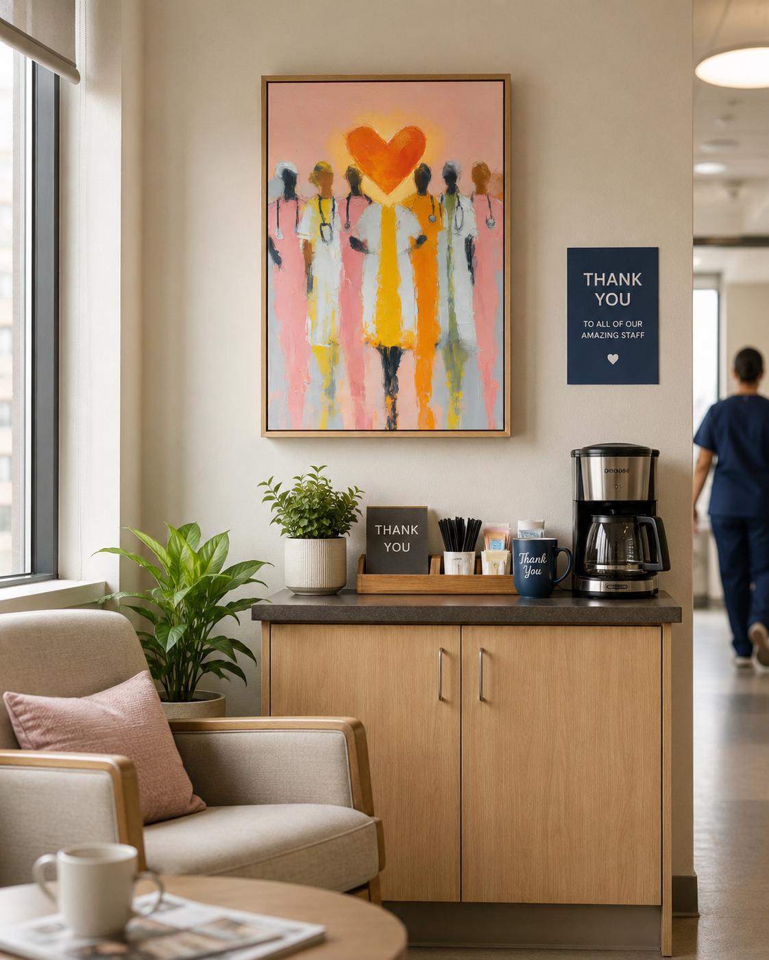 Orange heart above stylised healthcare worker figures on a pink painterly background detail view