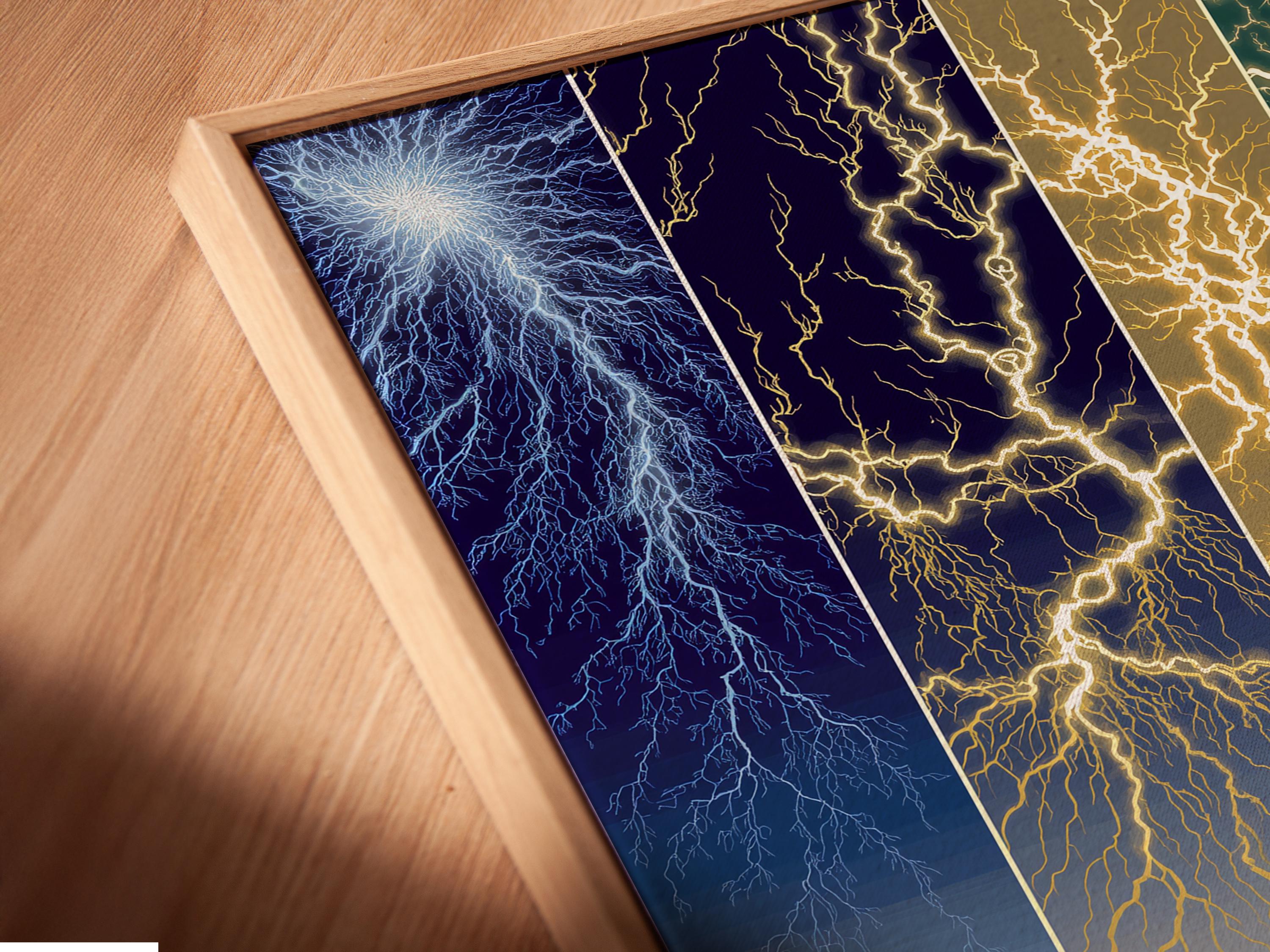 Blue and gold lightning river landscape with branching lightning bolts detail view