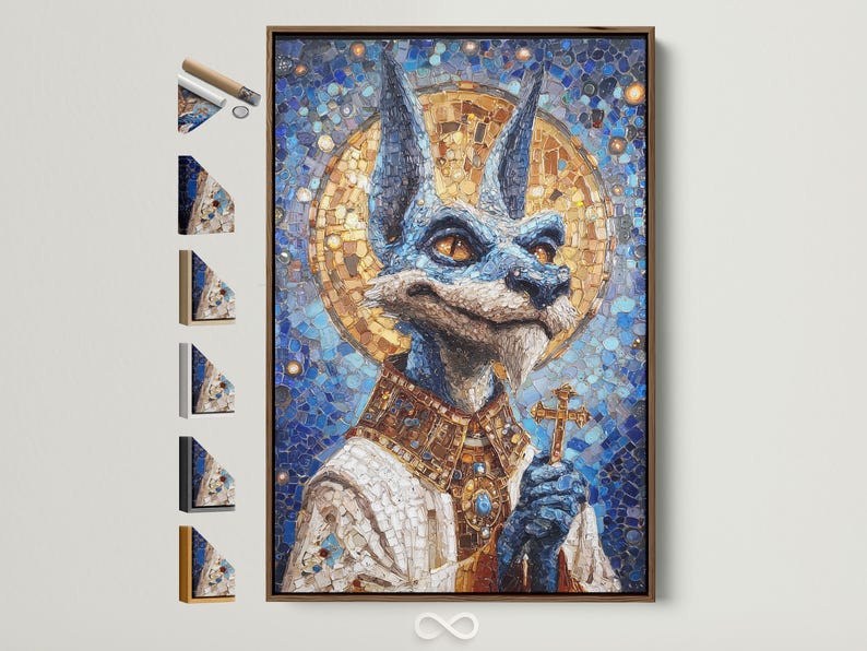 Blue and gold mosaic jackal figure with sparkling highlights