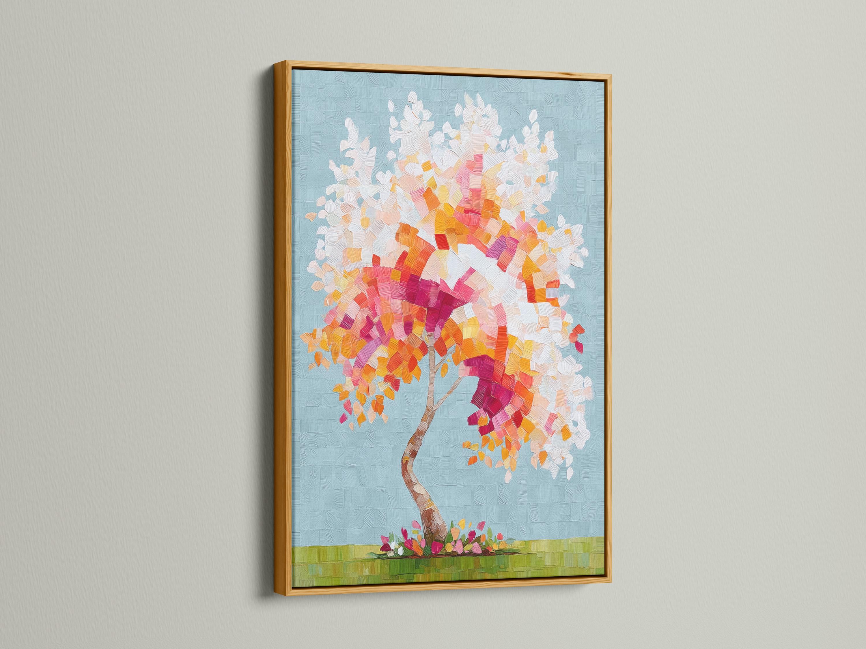 Colourful abstract tree with a mosaic canopy in pink, orange and yellow on a blue textured background detail view
