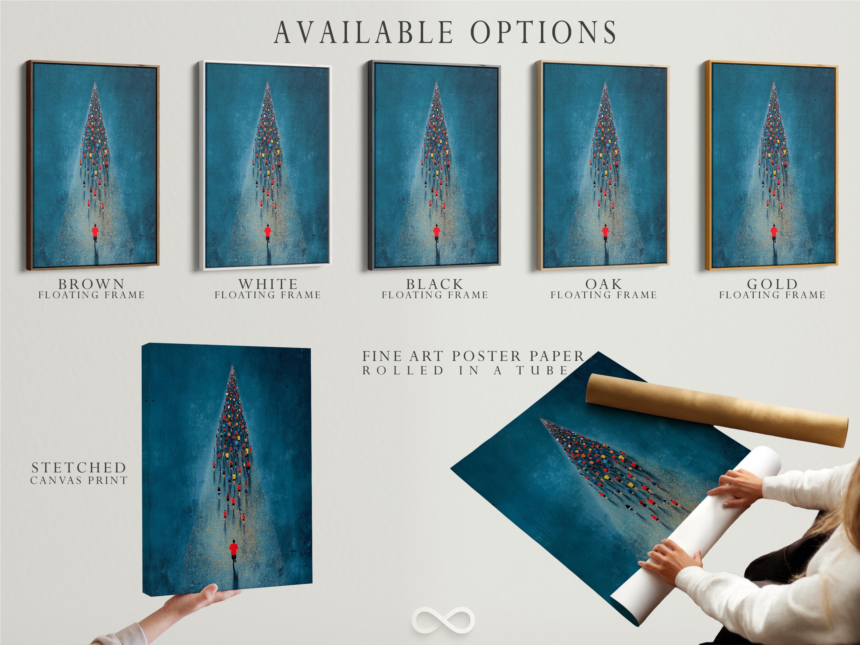 Teal-blue running crowd scene with a lone red-shirt runner and gold speckled path detail view