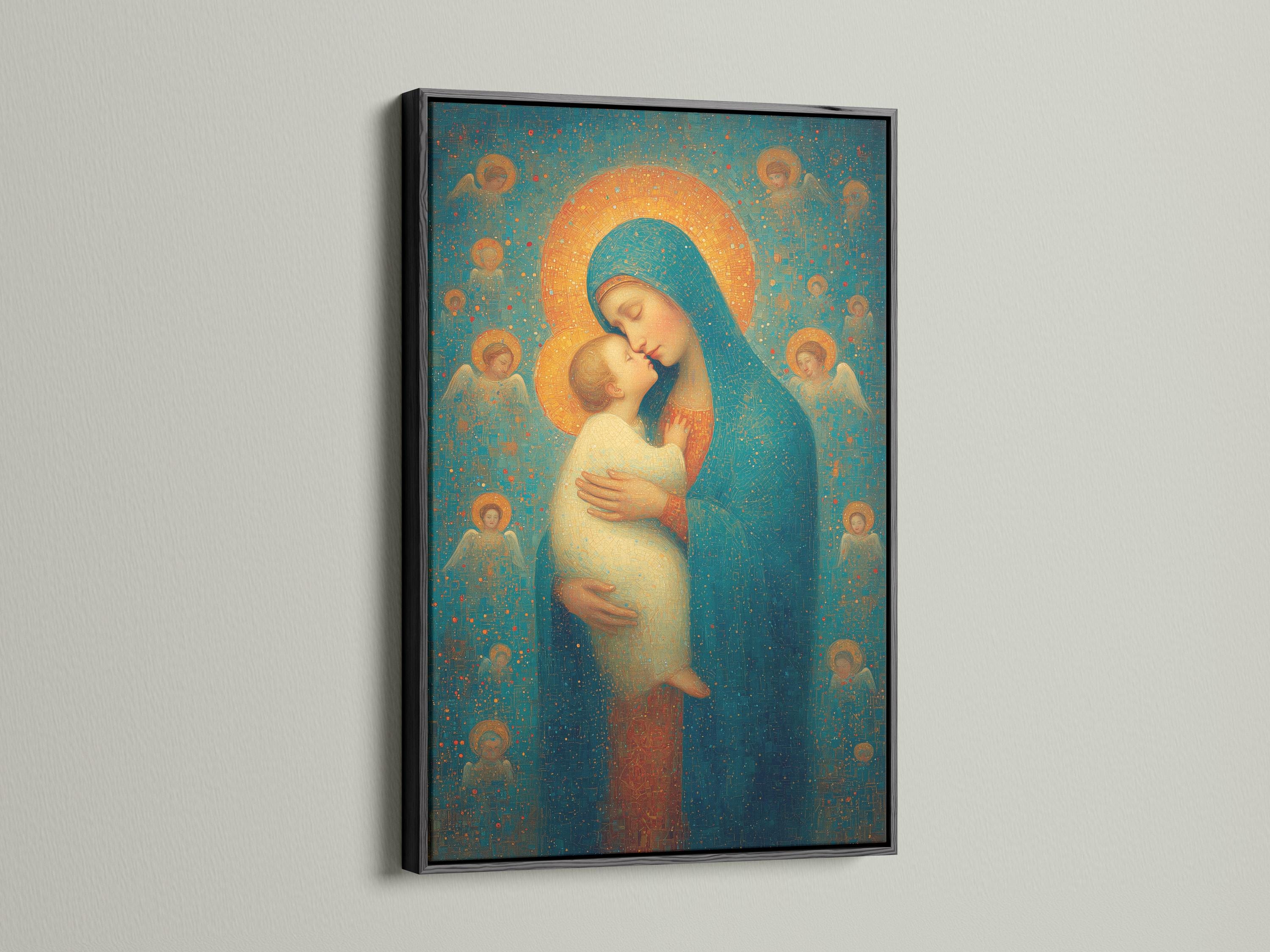 Religious painting of a haloed woman holding a haloed child against a teal and gold speckled background detail view