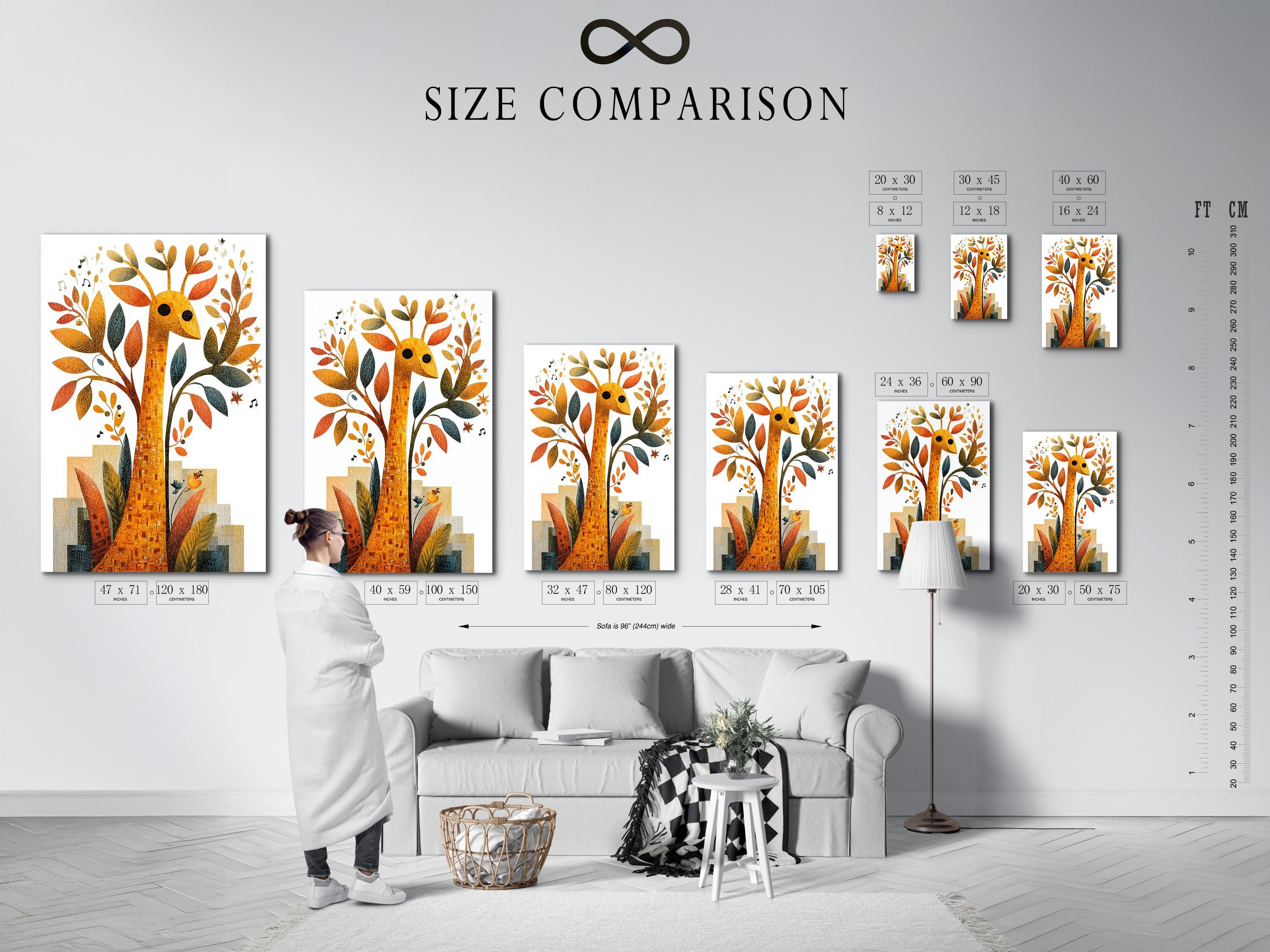Framed giraffe and tree illustration with gold, orange and teal leaves plus music notes detail view
