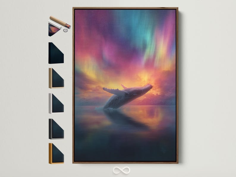 A leaping whale over reflective dark water beneath a pastel aurora sky