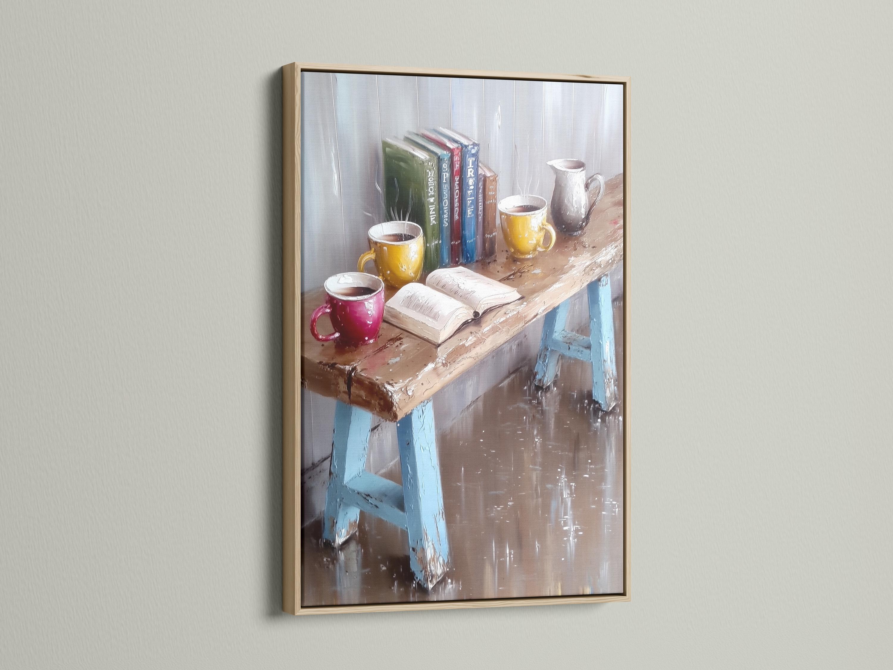 Painterly still life showing books and coffee mugs with warm highlights on a textured grey-blue background detail view