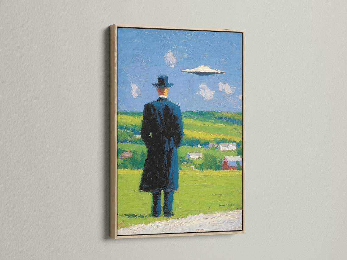 Man in a top hat looking up at a hovering UFO in a blue sky over green countryside detail view