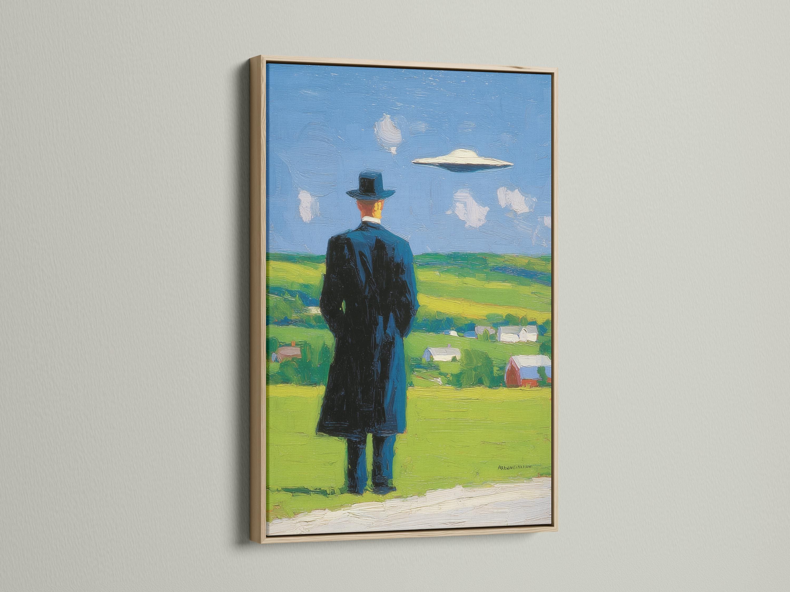 Man in a top hat looking up at a hovering UFO in a blue sky over green countryside detail view