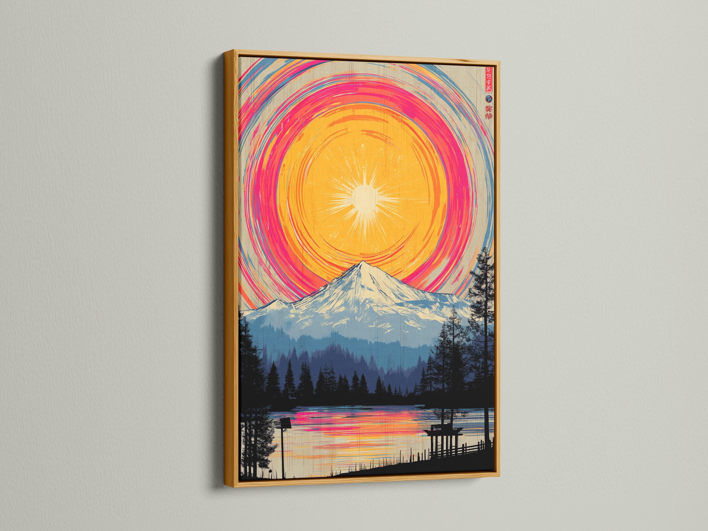 Stylised mountain landscape with a circular pink-orange sunrise and arc bands above forest silhouettes detail view