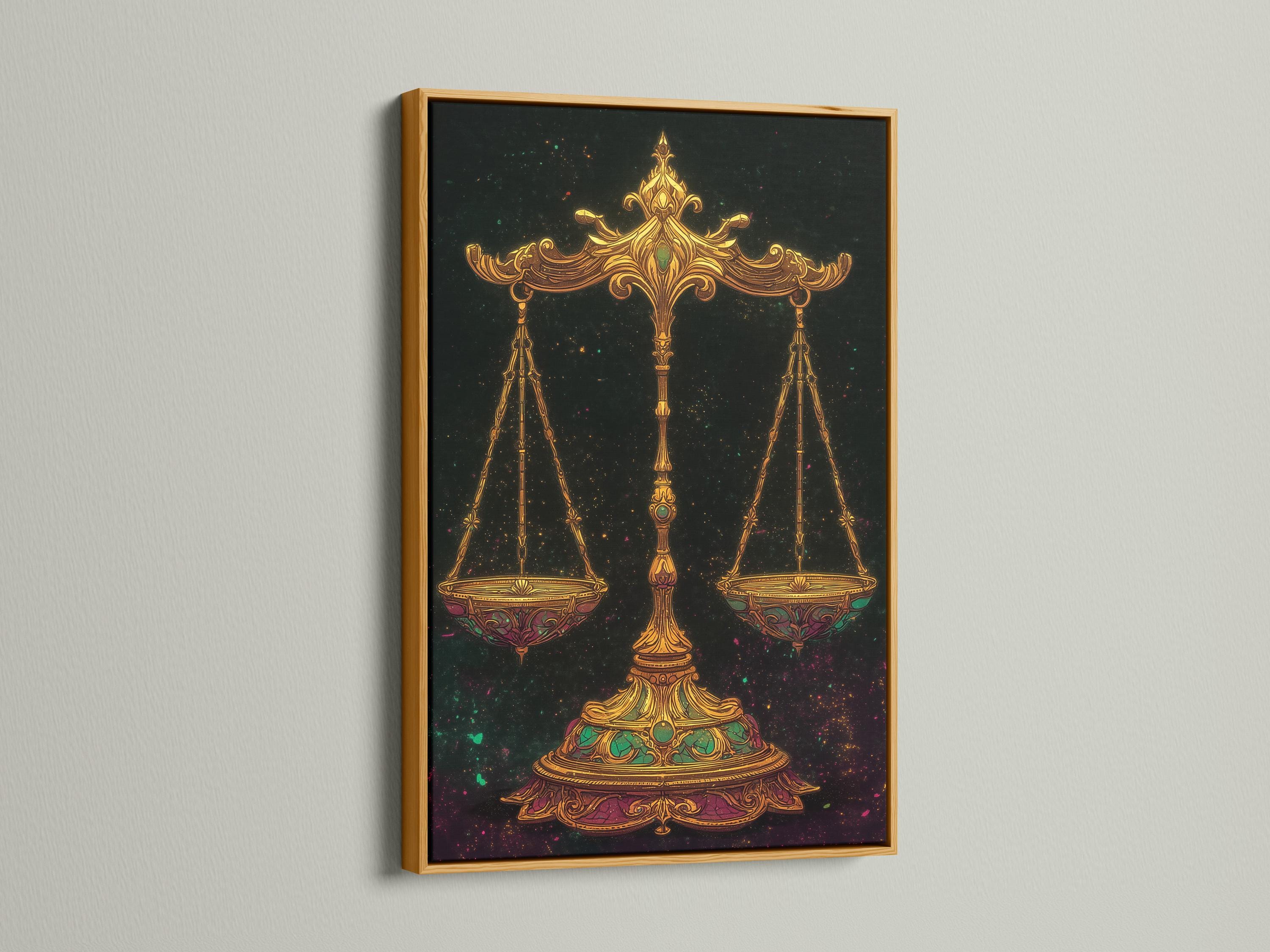 Ornate gold balance scales with emerald-green accents on a dark starry background detail view