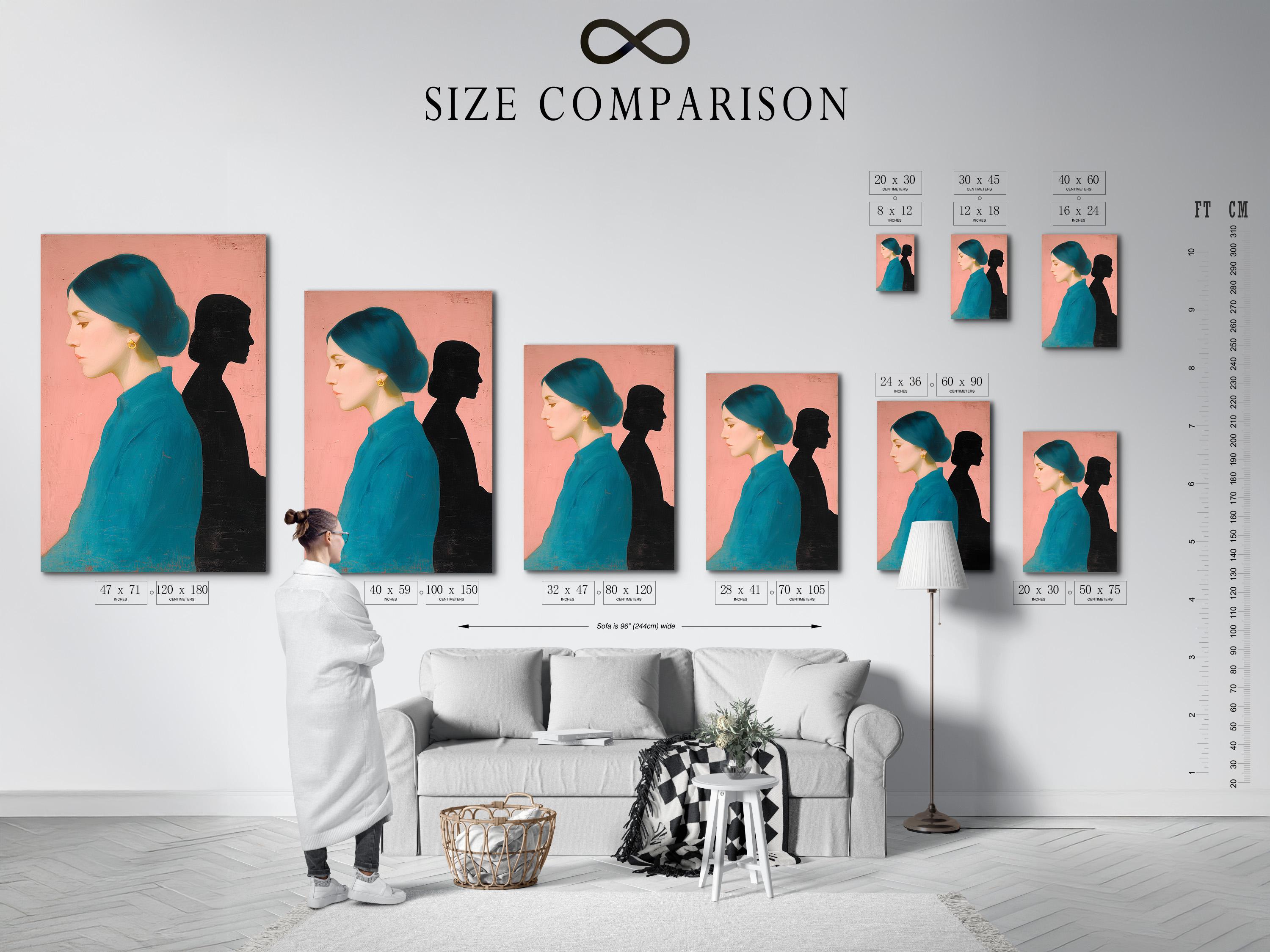 Wall mockup showing a teal and black dual portrait artwork with gold earring accents
