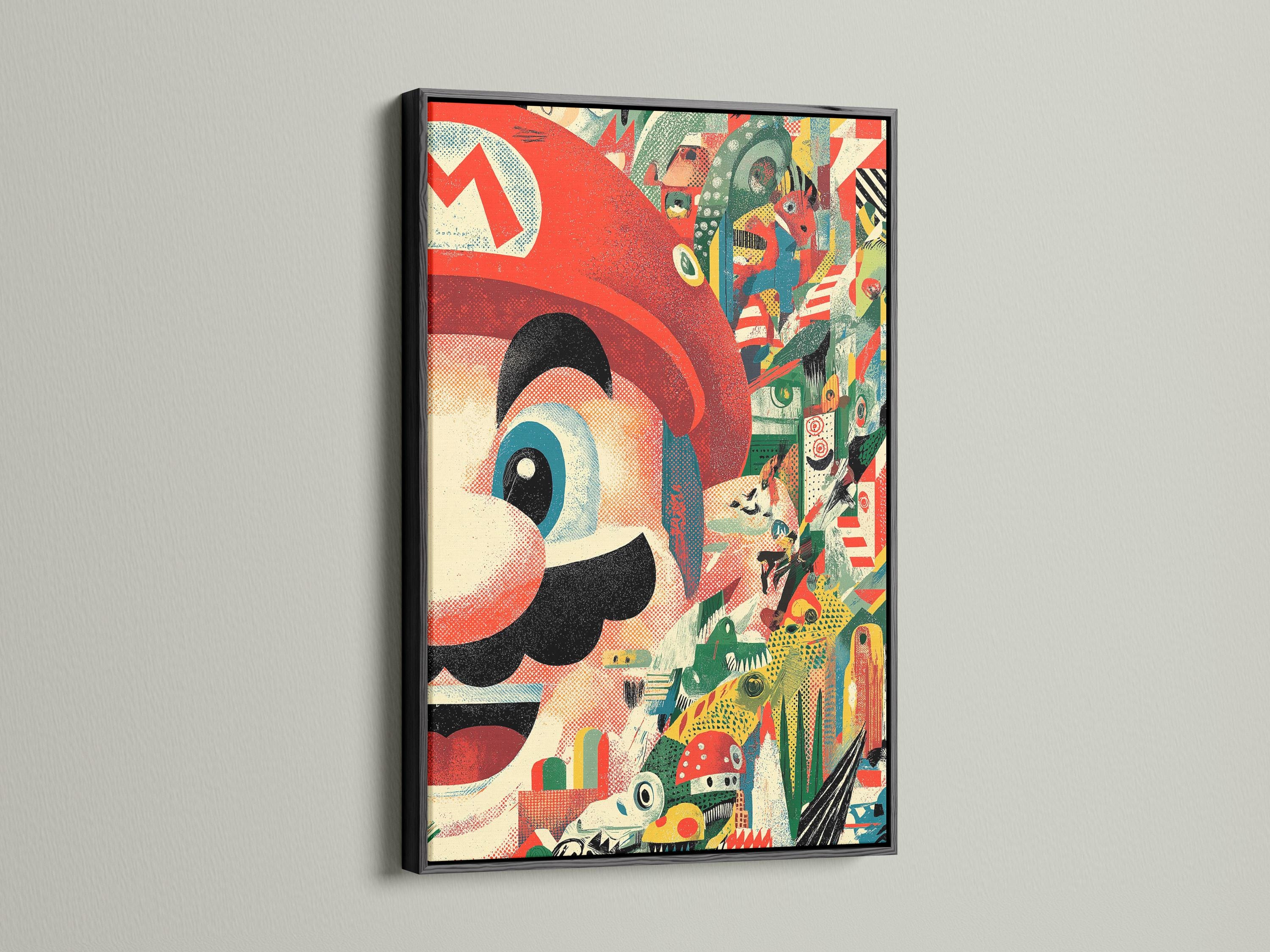 Retro gaming wall art with red and green collage design shown on a wall