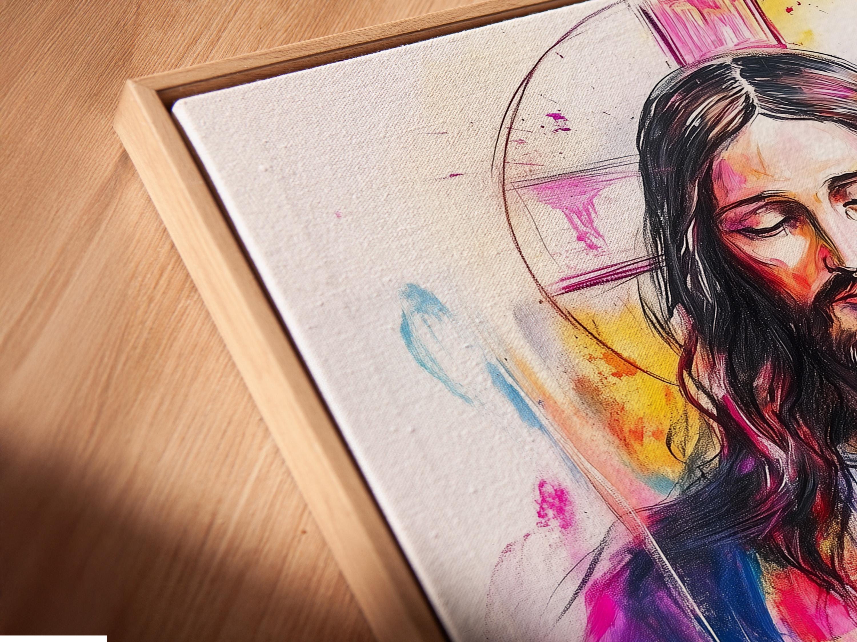 Religious portrait artwork of Jesus with halo displayed above a wooden table in a hallway