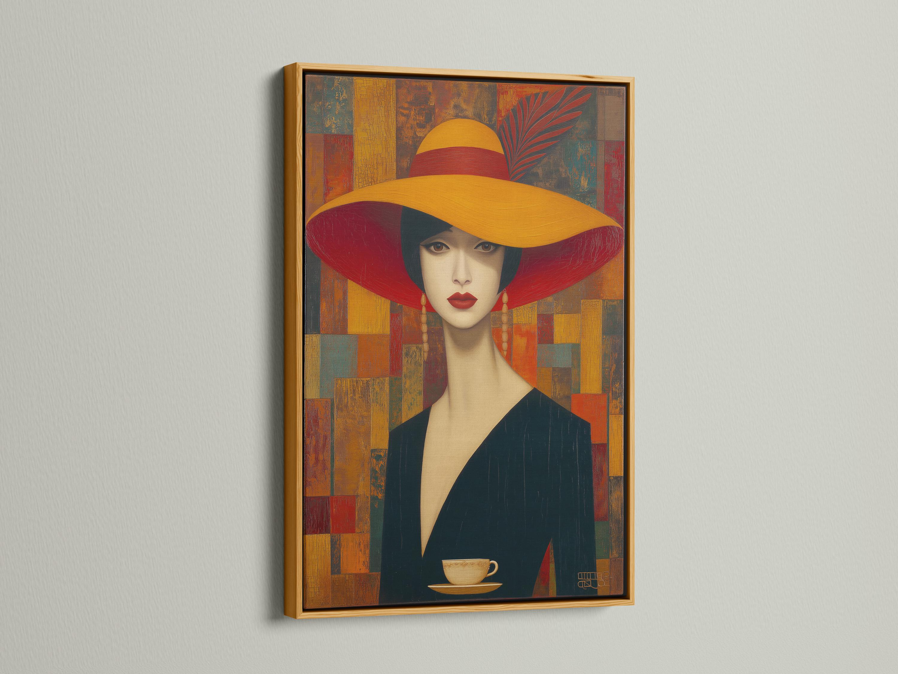 Stylised portrait of a woman wearing a wide red hat against a geometric red, gold and teal background detail view
