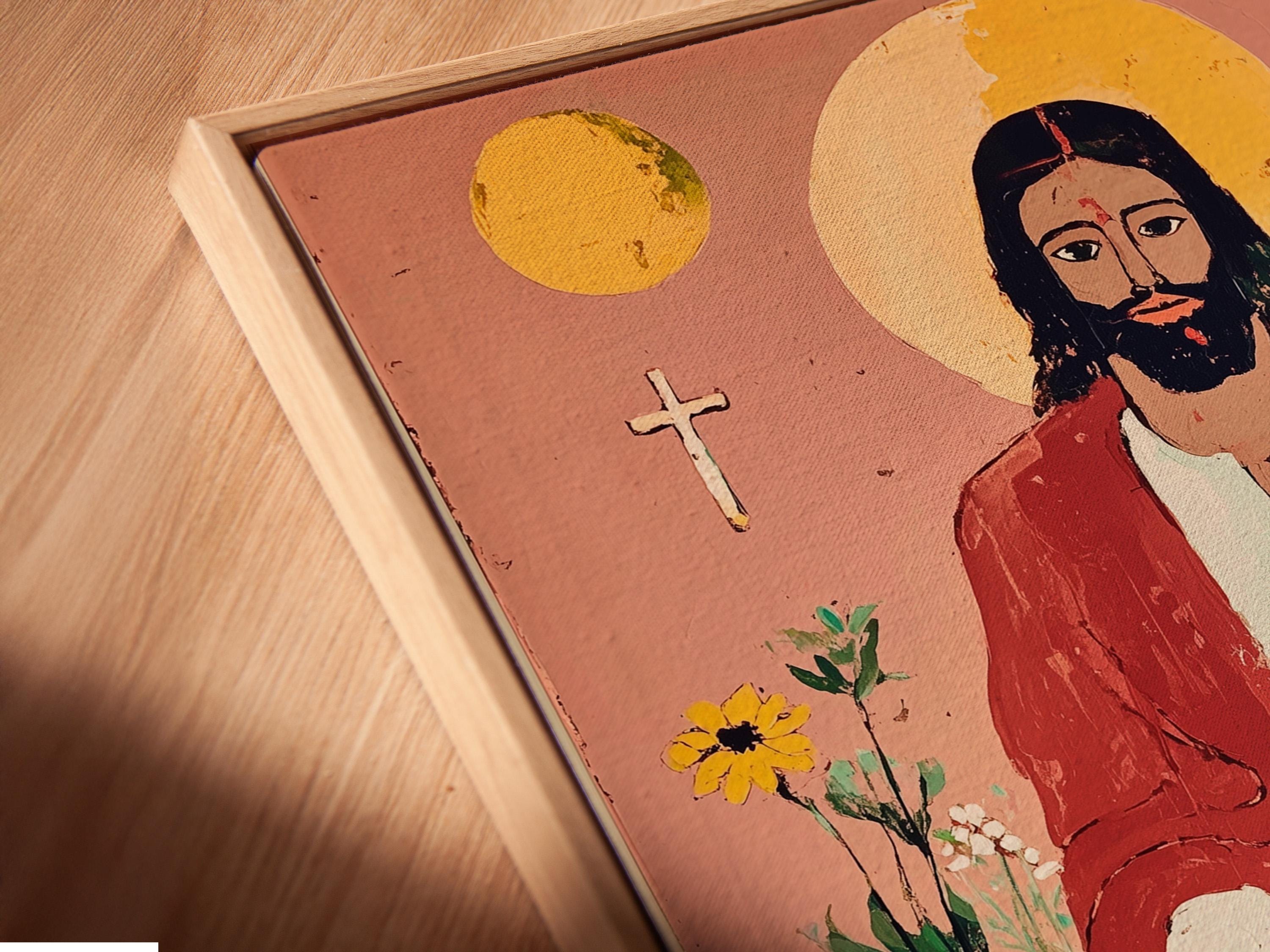 Folk-art illustration of Jesus with a pale halo, two children, and many flowers on a dusty pink background detail view