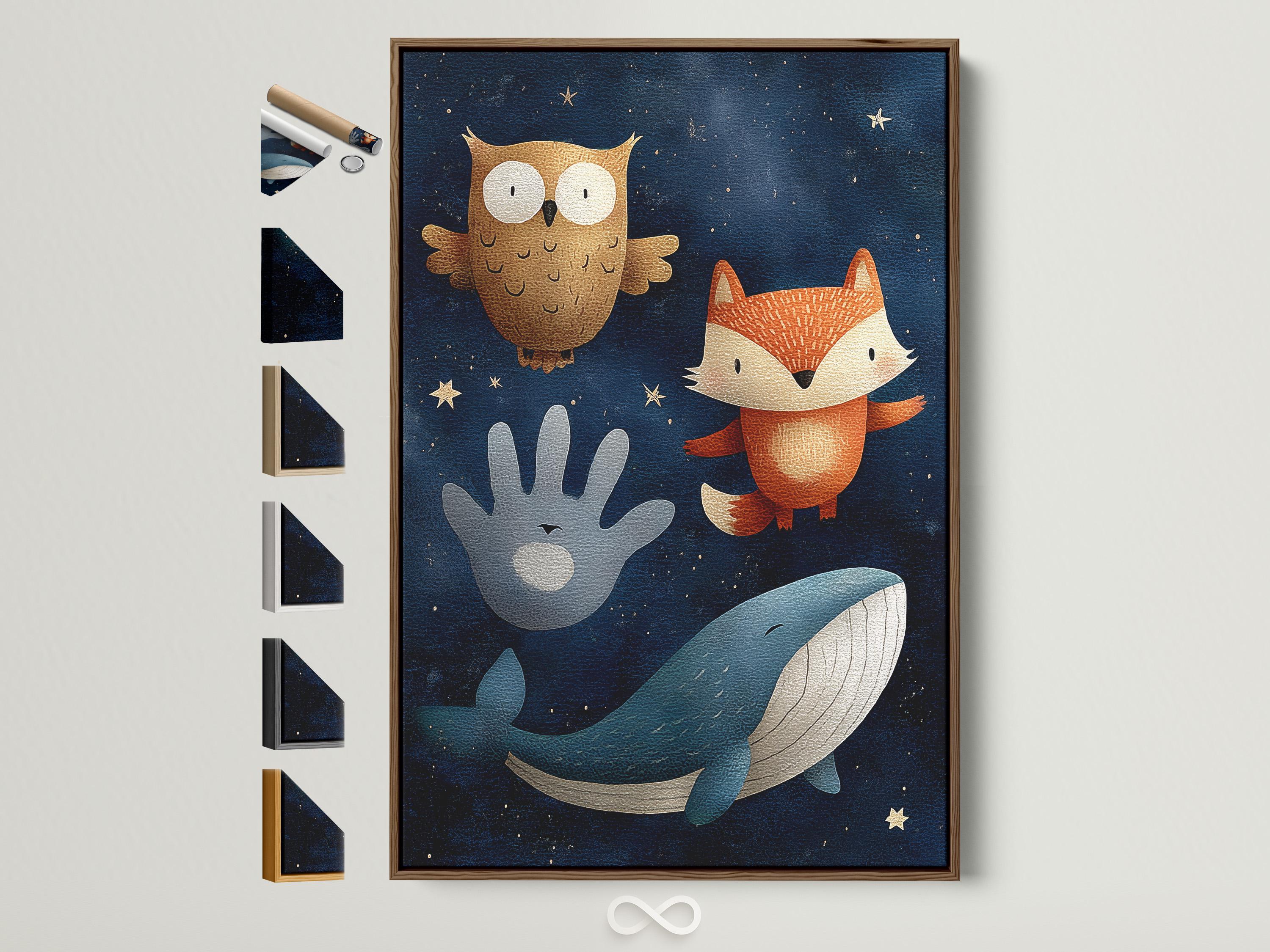 Illustrated whale, fox and owl in a navy starry-night scene with stars detail view